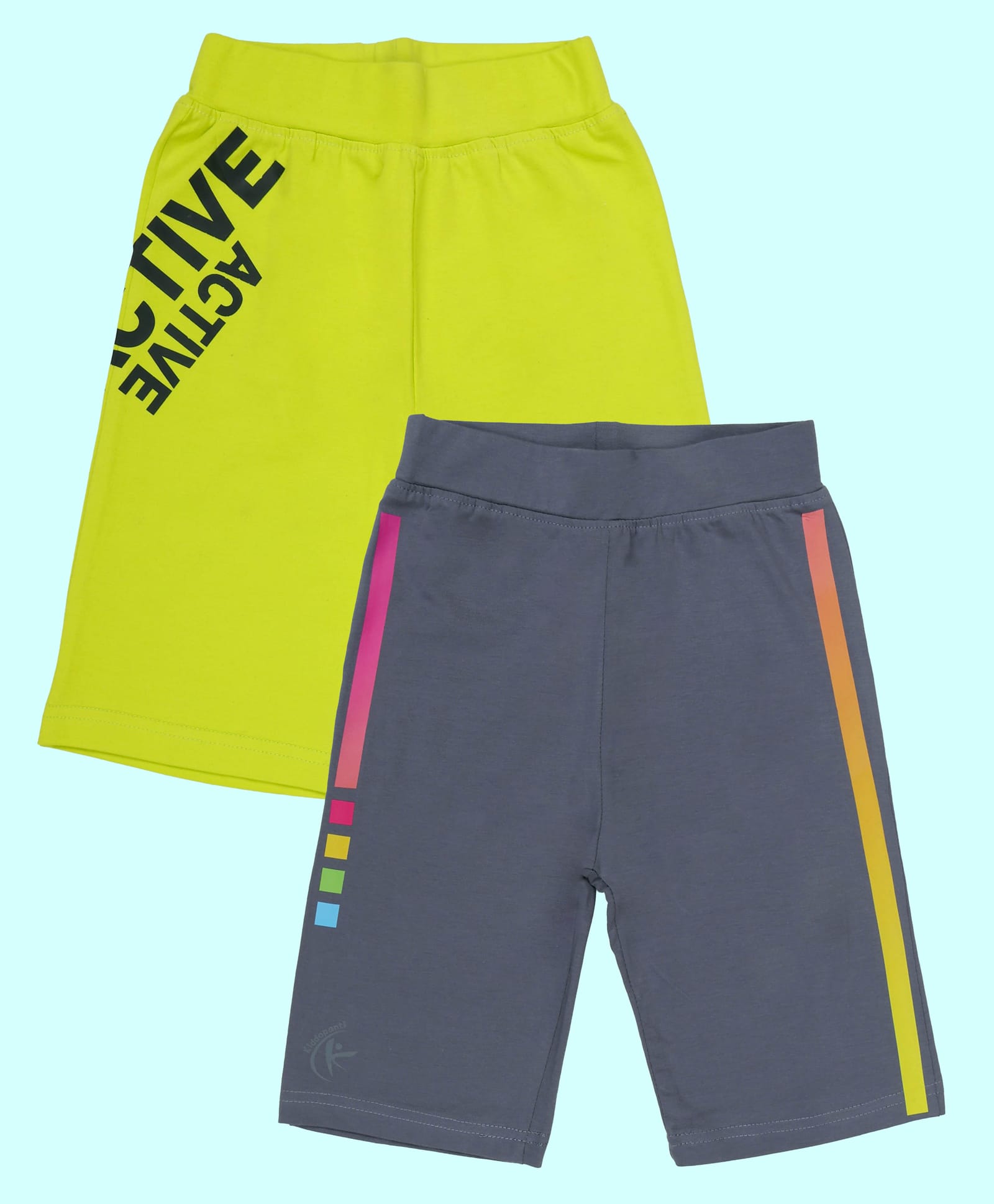Kiddopanti Cotton Spandex Knit Pack Of 2 Tape Detailed & Active Text Printed Cycling Shorts - Steel Grey & Neon Green-image-15