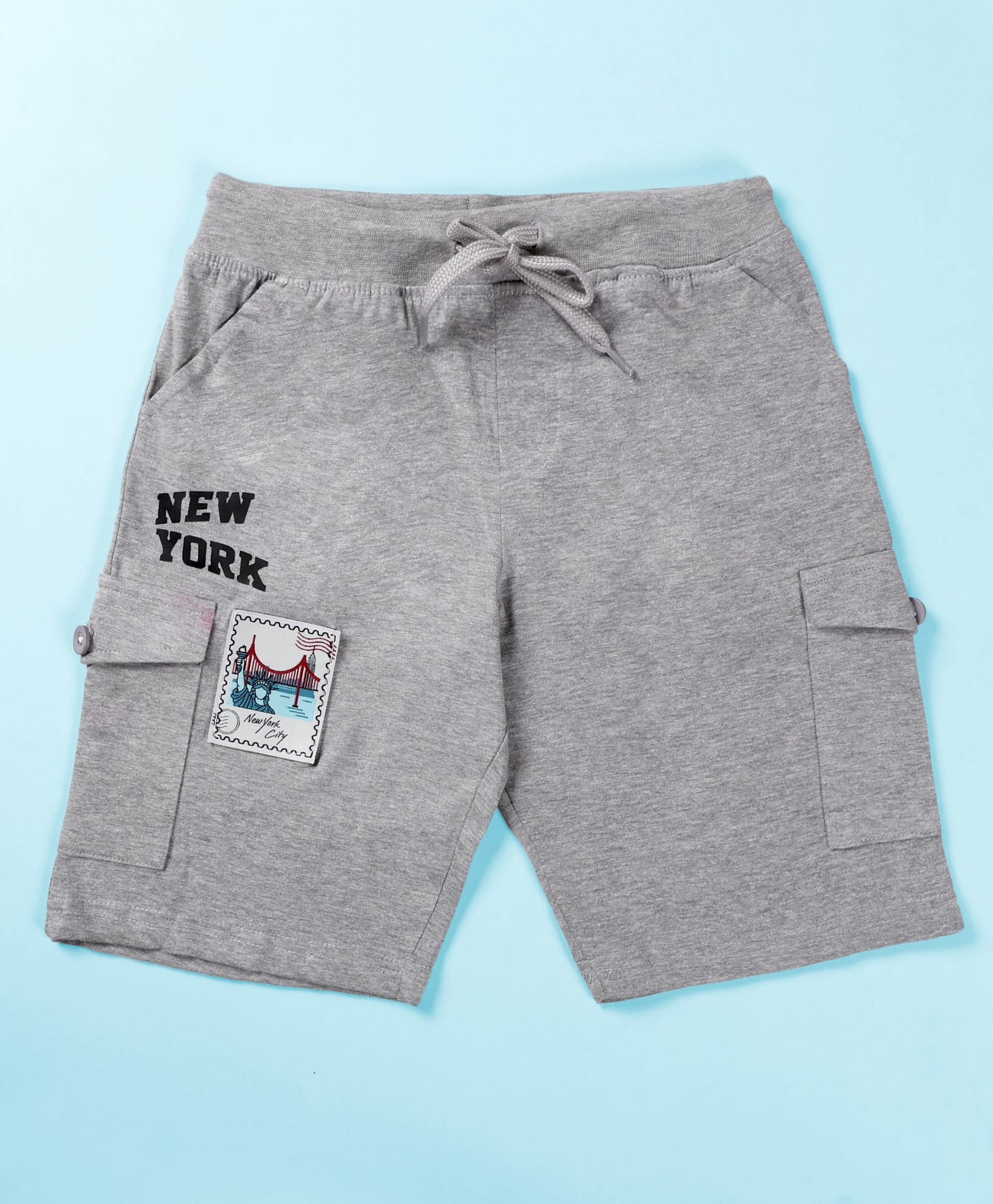 Kiddopanti Cotton Knit New York Text Printed Cargo Shorts - Grey Melange-image-14