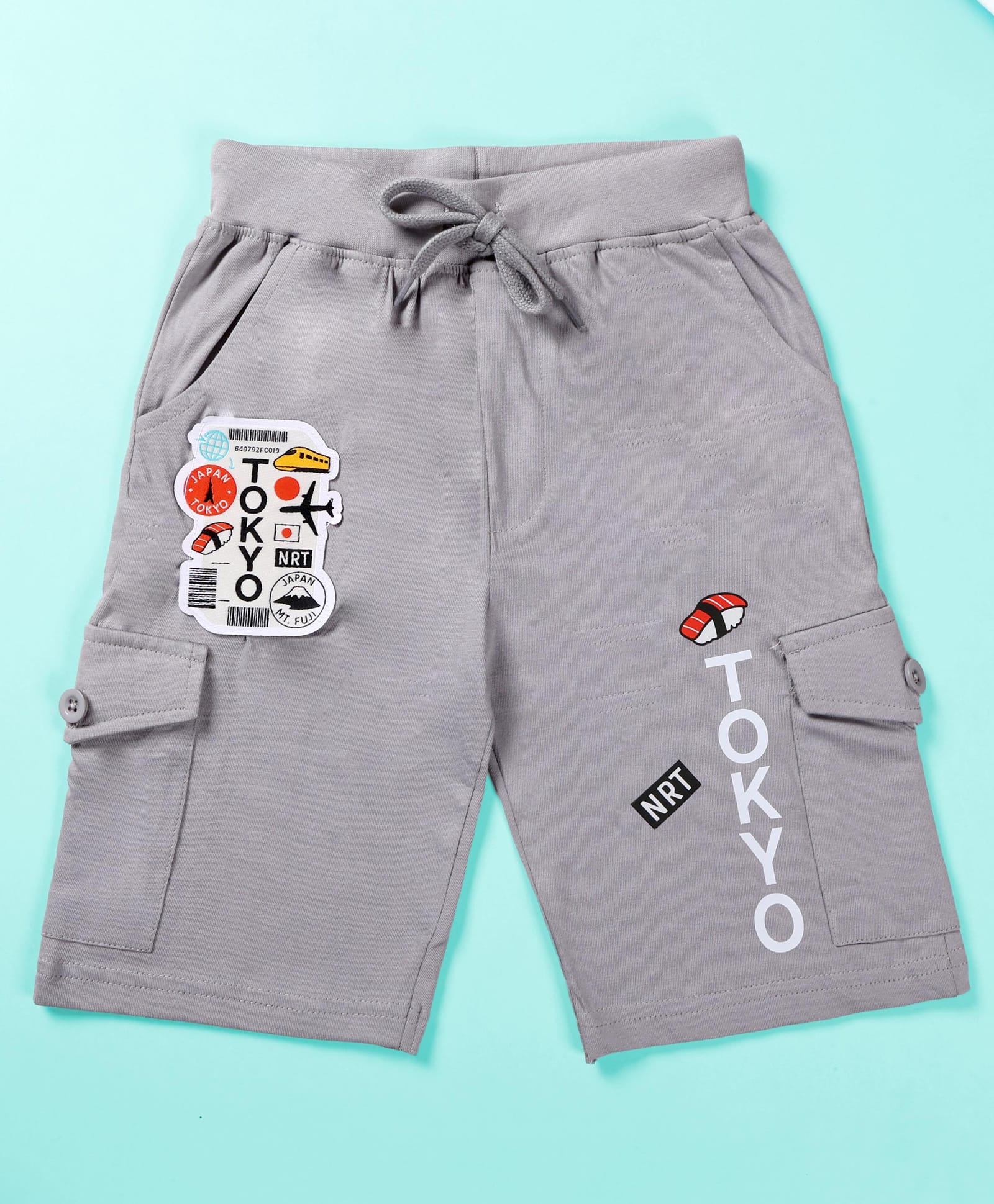 Kiddopanti Cotton Knit Tokyo Text Printed Cargo Shorts - Steel Grey-image-11