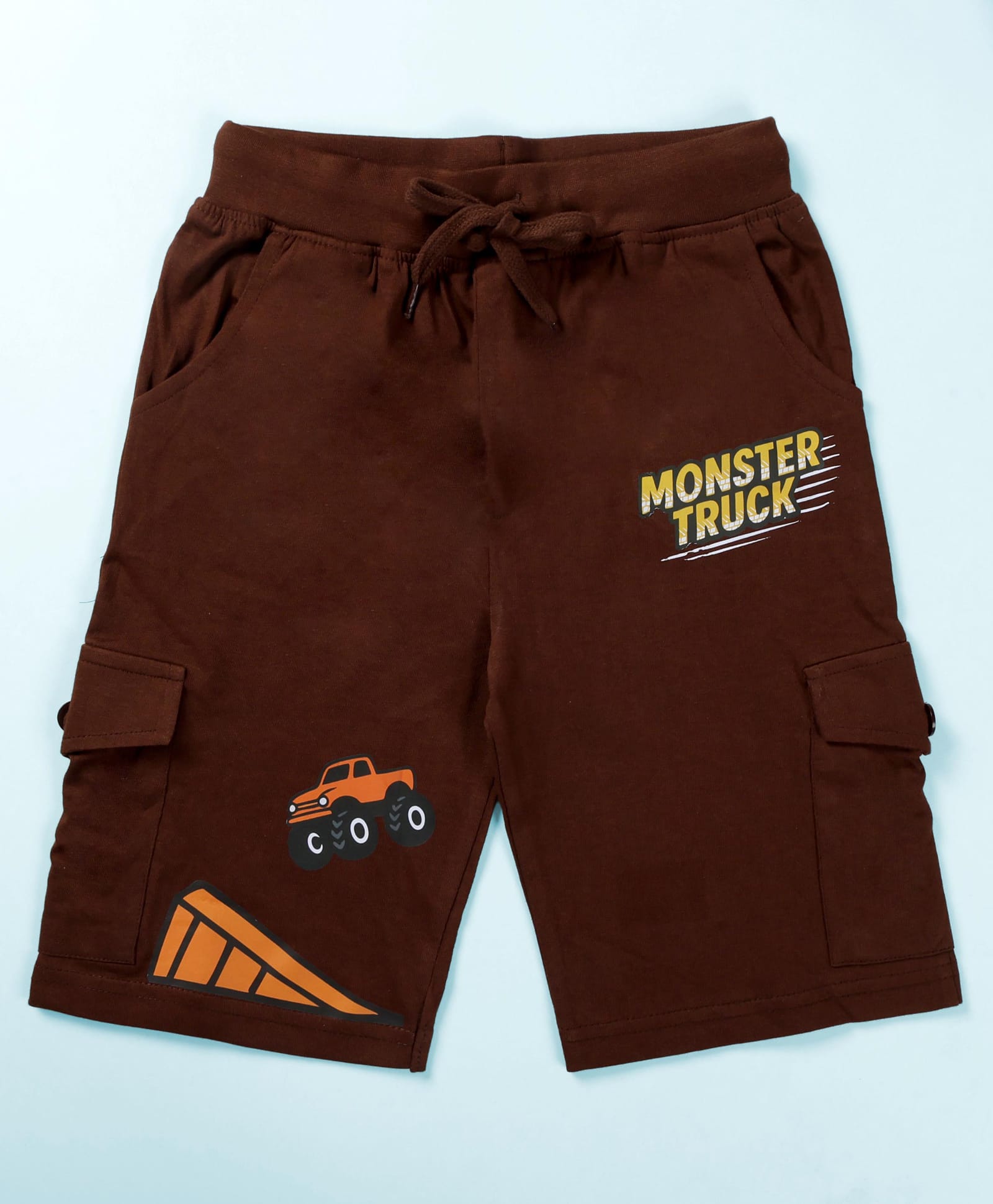 Kiddopanti Cotton Knit Monster Truck Text Printed Cargo Shorts - Brown-picture-20