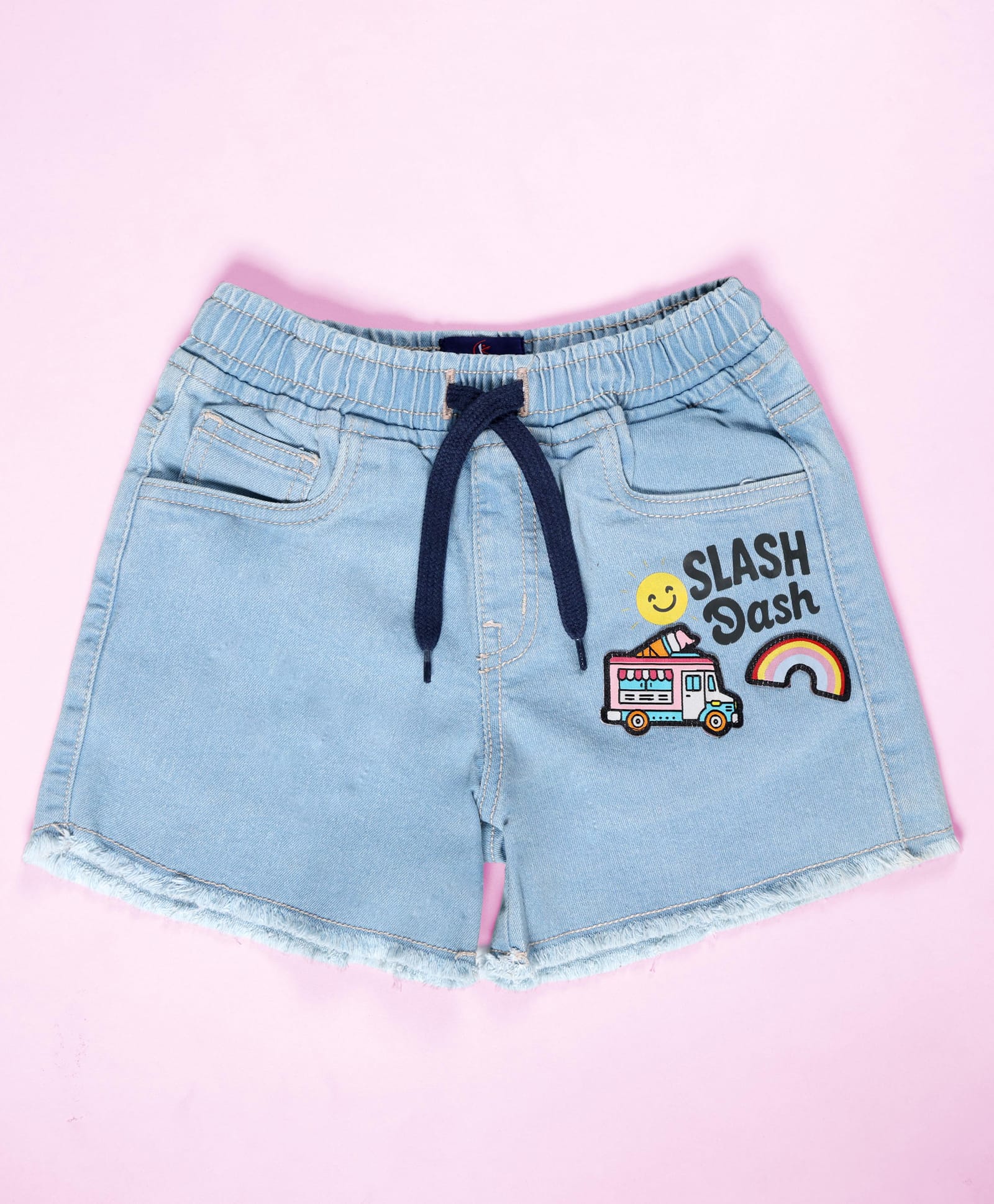 Kiddopanti Denim Woven Slash Dash Text Printed Shorts - Light Wash Blue-picture-13