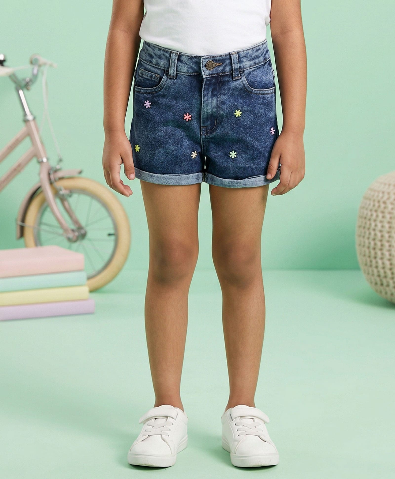 Kiddopanti Denim Woven Floral Beads Embellished Shorts - Medium Rag Wash Blue-picture-10