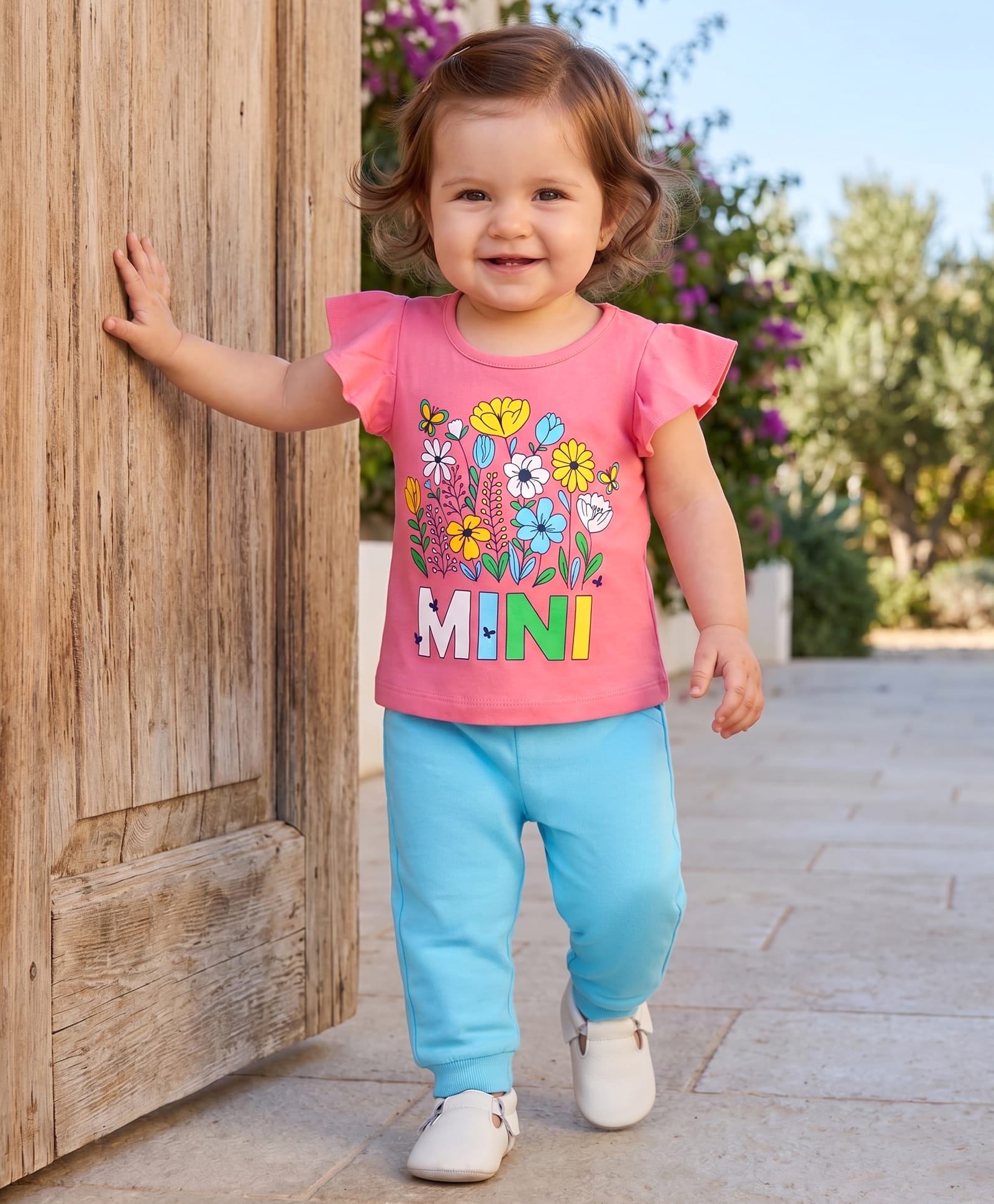 Doodle Poodle 100% Cotton Knit Half Sleeves Floral Printed T-Shirt & Pant Set With Bow Applique - Pink & Light Blue-image-45