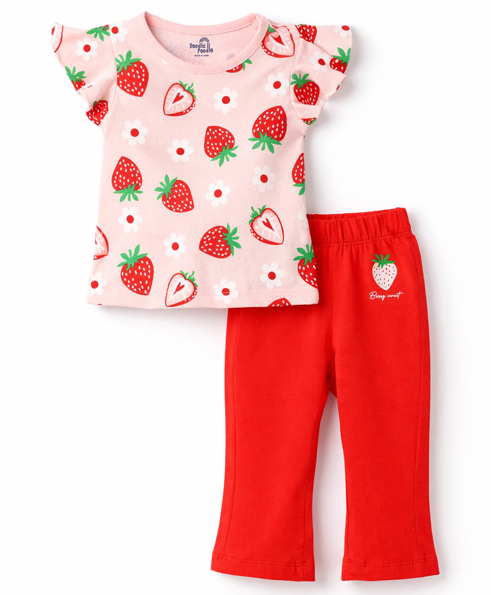 Doodle Poodle 100% Cotton Knit Sleeveless Strawberry & Floral Printed Top & Pant Set - Red-image-48