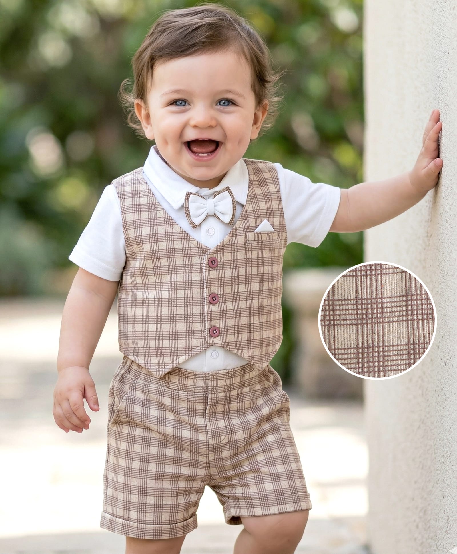 Babyoye 100% Cotton Knit Half Sleeves Checks Party Shirt & Shorts Set With Attached Waistcoat & Bow - Beige & White-picture-35