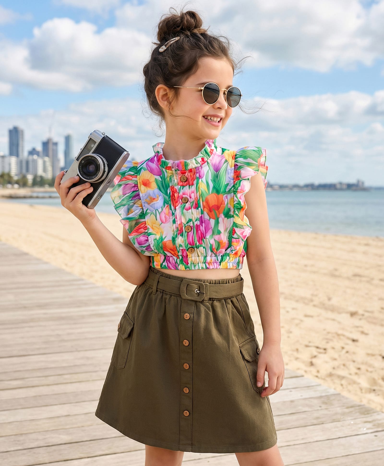 OLLINGTON ST. Half Sleeves Printed Top & Woven Twill Skirt Set - Multicolour & Olive Green-picture-11