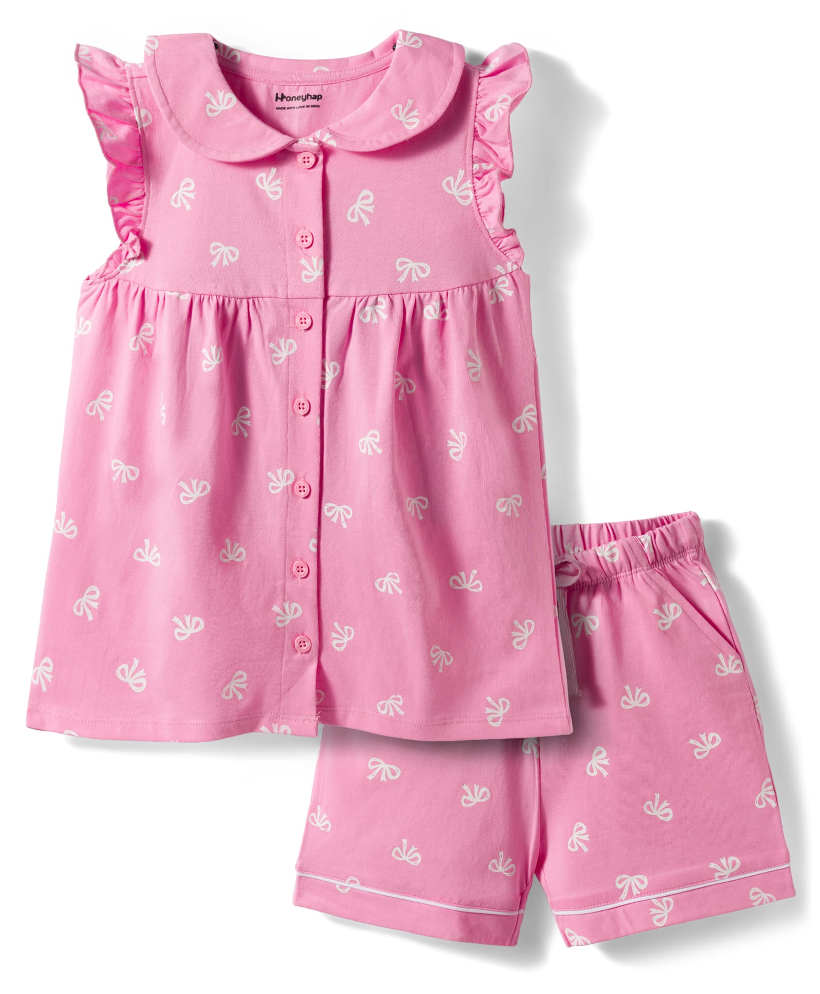 Honeyhap Premium 100% Cotton Knit Frill Sleeves Co-ords T-Shirt & Shorts Night Suit with Bow Print & Bio Finish - Bonbon-image-23