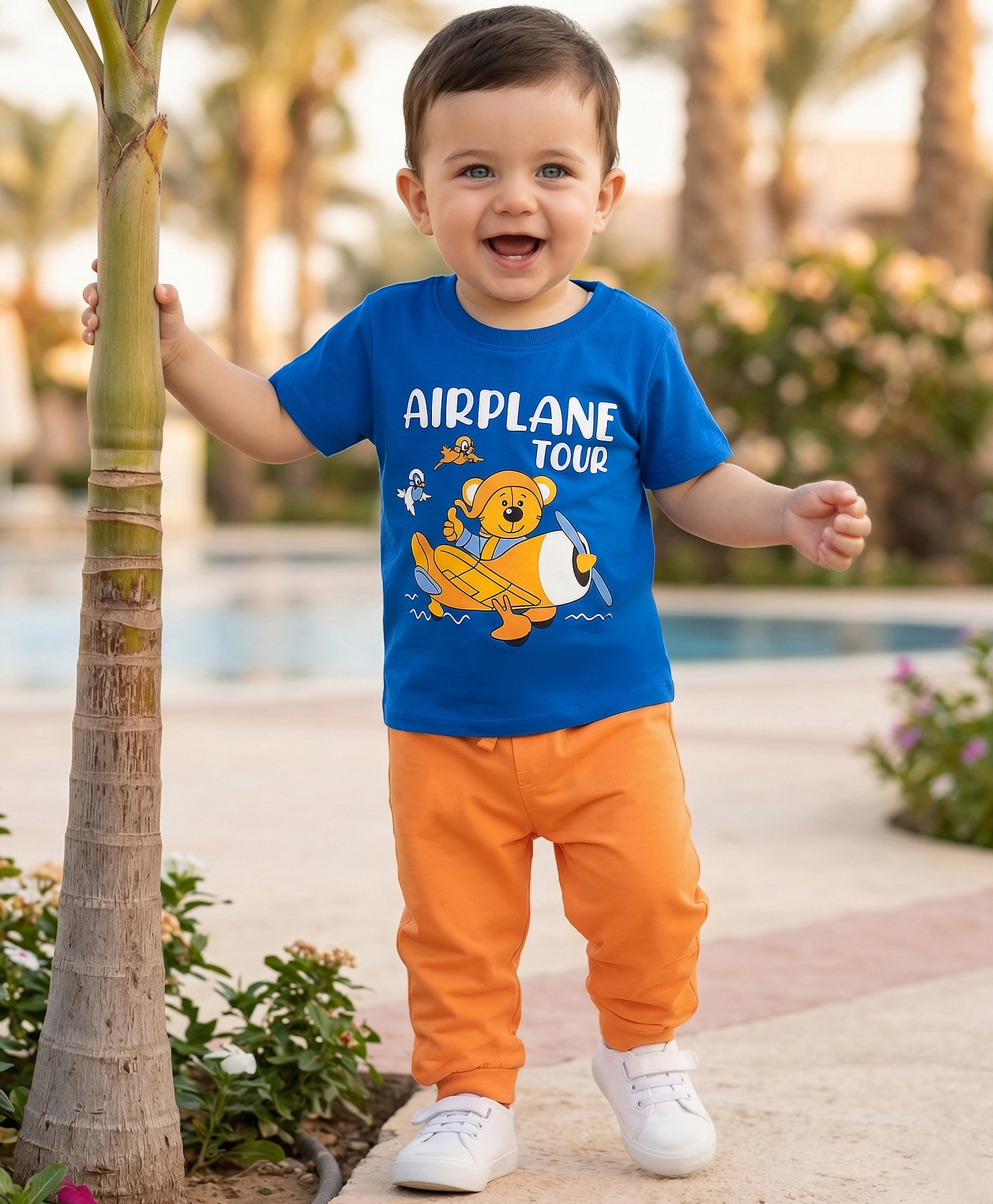 Doodle Poodle 100% Cotton Knit Half Sleeves Animal & Aeroplane Printed T-Shirt & Trouser Set - Royal Blue & Orange-picture-21
