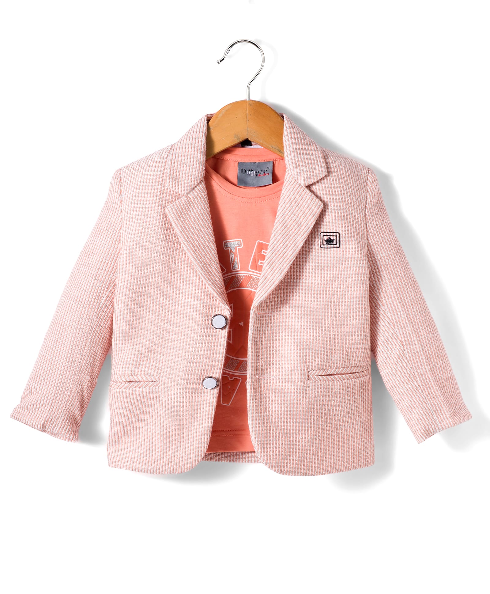 Dapper Dudes Woven Full Sleeves Striped Blazer With Typographic Tee - Peach-picture-14