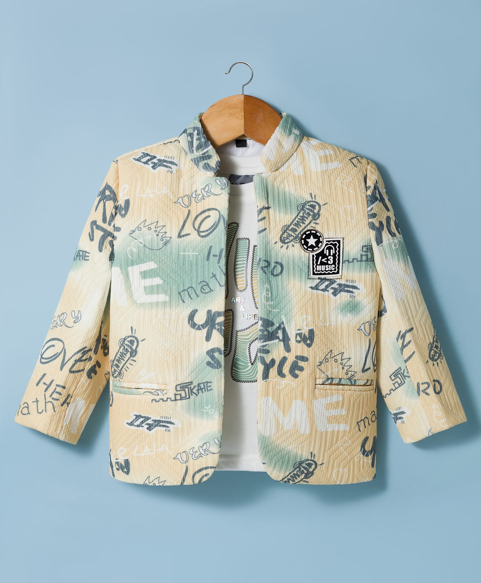 Dapper Dudes Woven Full Sleeves Text Printed Blazer With Inner Tee - Yellow-picture-37