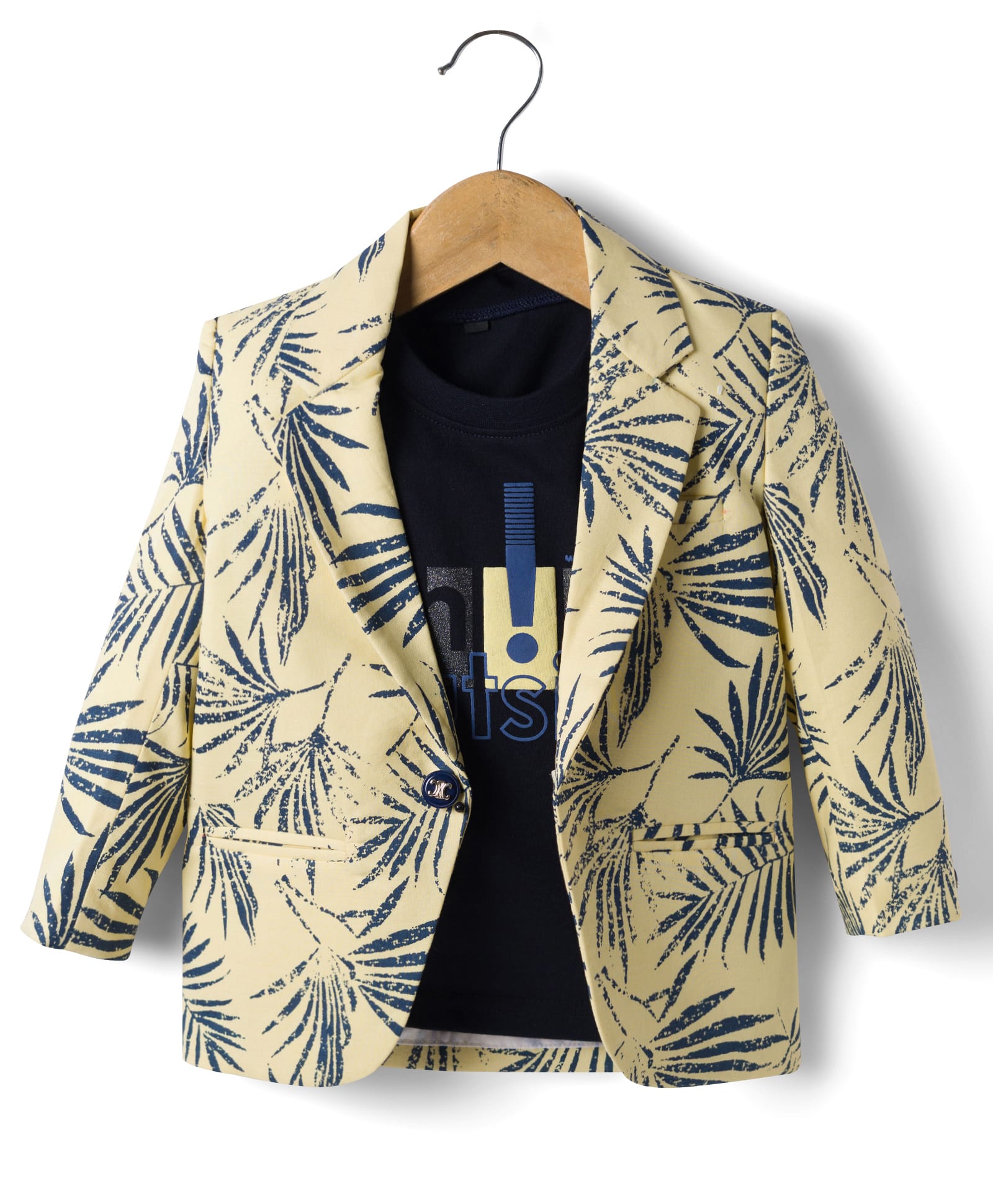 Dapper Dudes Woven Full Sleeves Leaves Printed Blazer With Typographic Tee - Yellow-picture-35