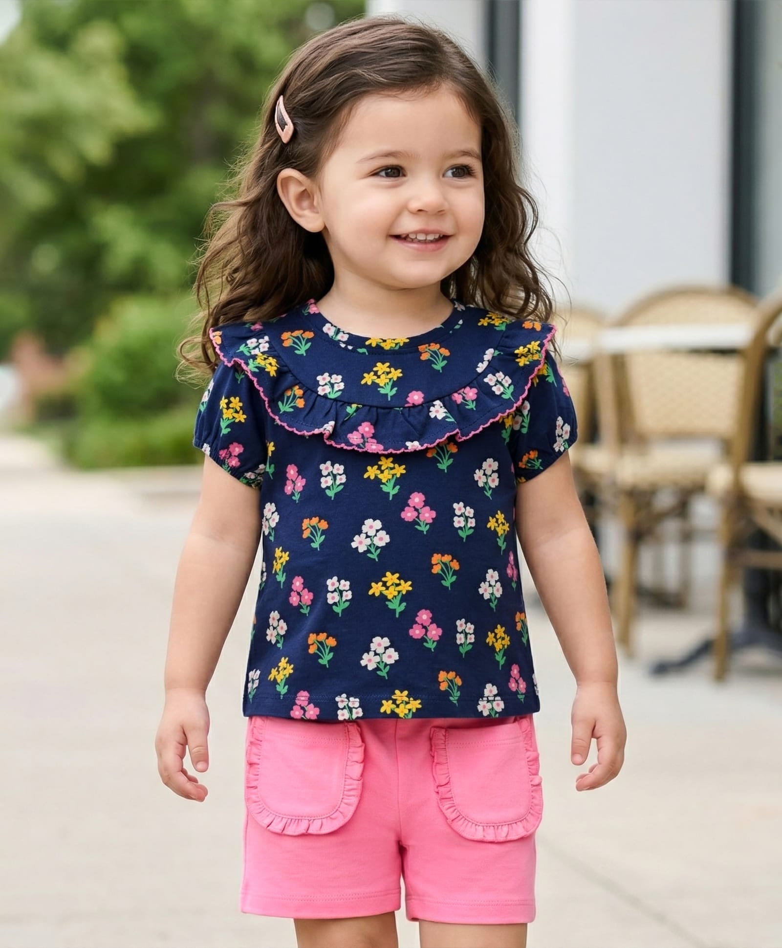 Babyhug Cotton Knit Half Sleeves Floral Printed Top & Shorts Set - Navy Blue & Pink-image-12