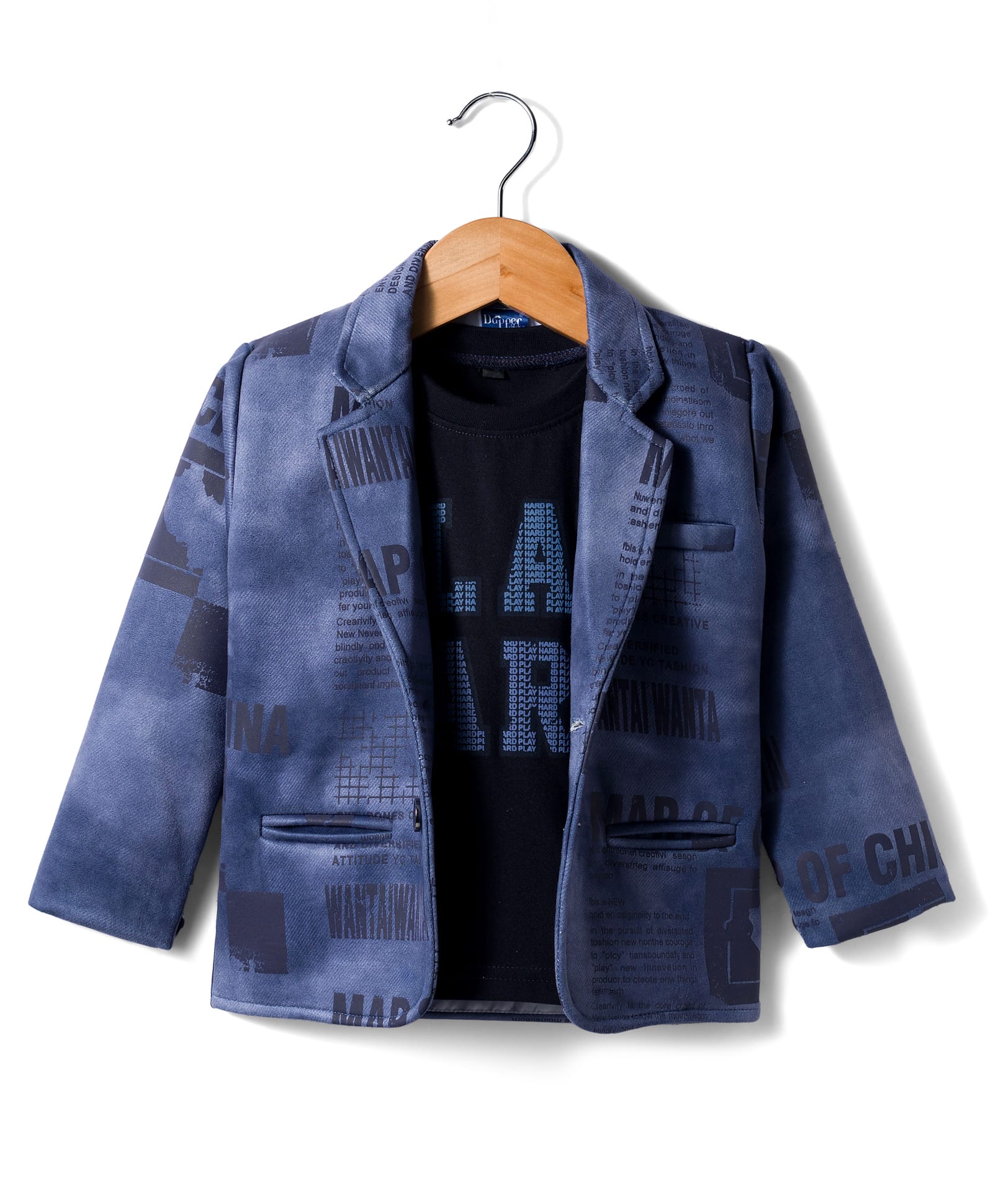 Dapper Dudes Cotton Woven Full Sleeves Text Printed Blazer With Tee - Navy Blue-picture-18