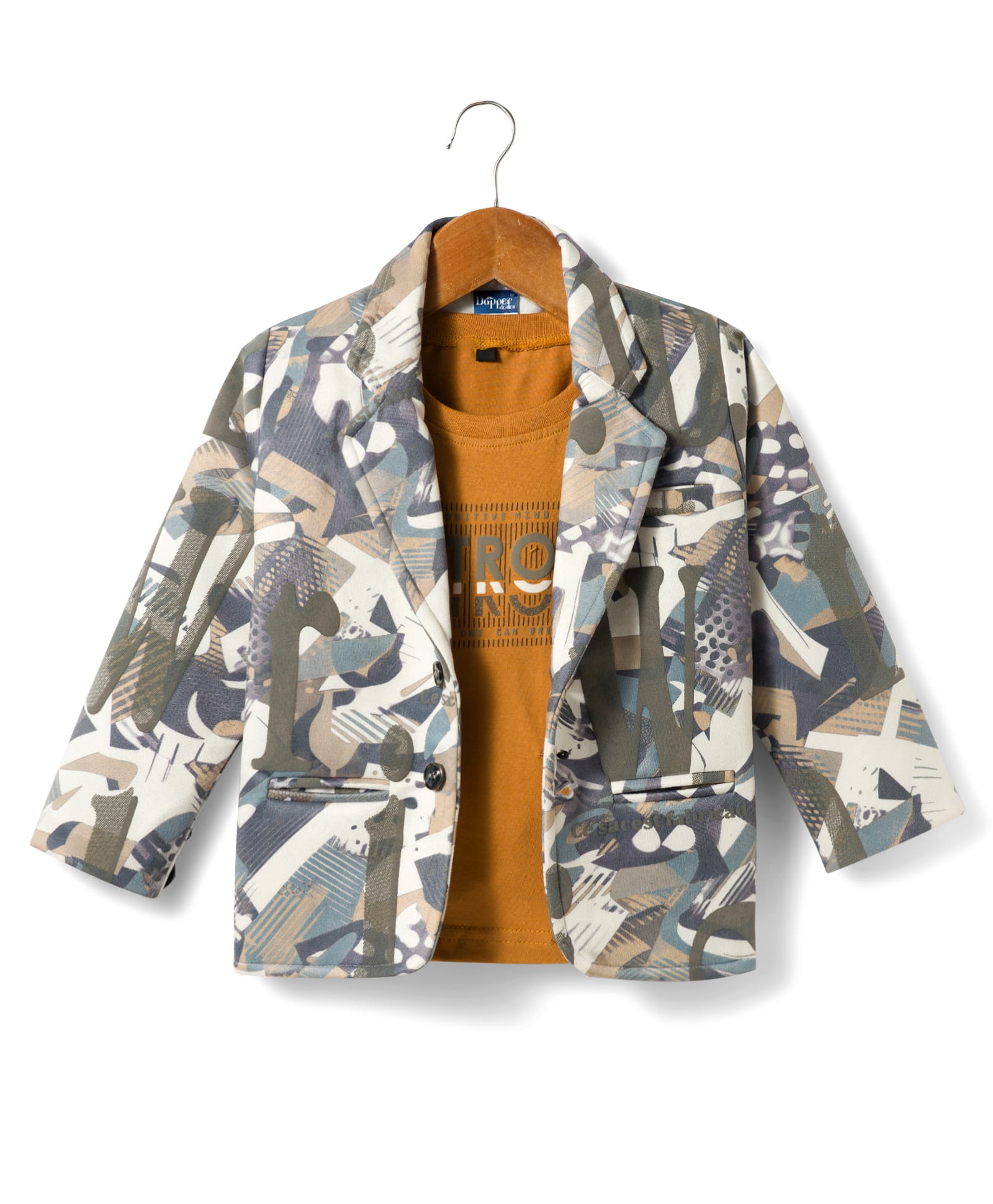 Dapper Dudes Woven Full Sleeves Text Printed Blazer With Printed Inner Tee - Khaki-picture-24