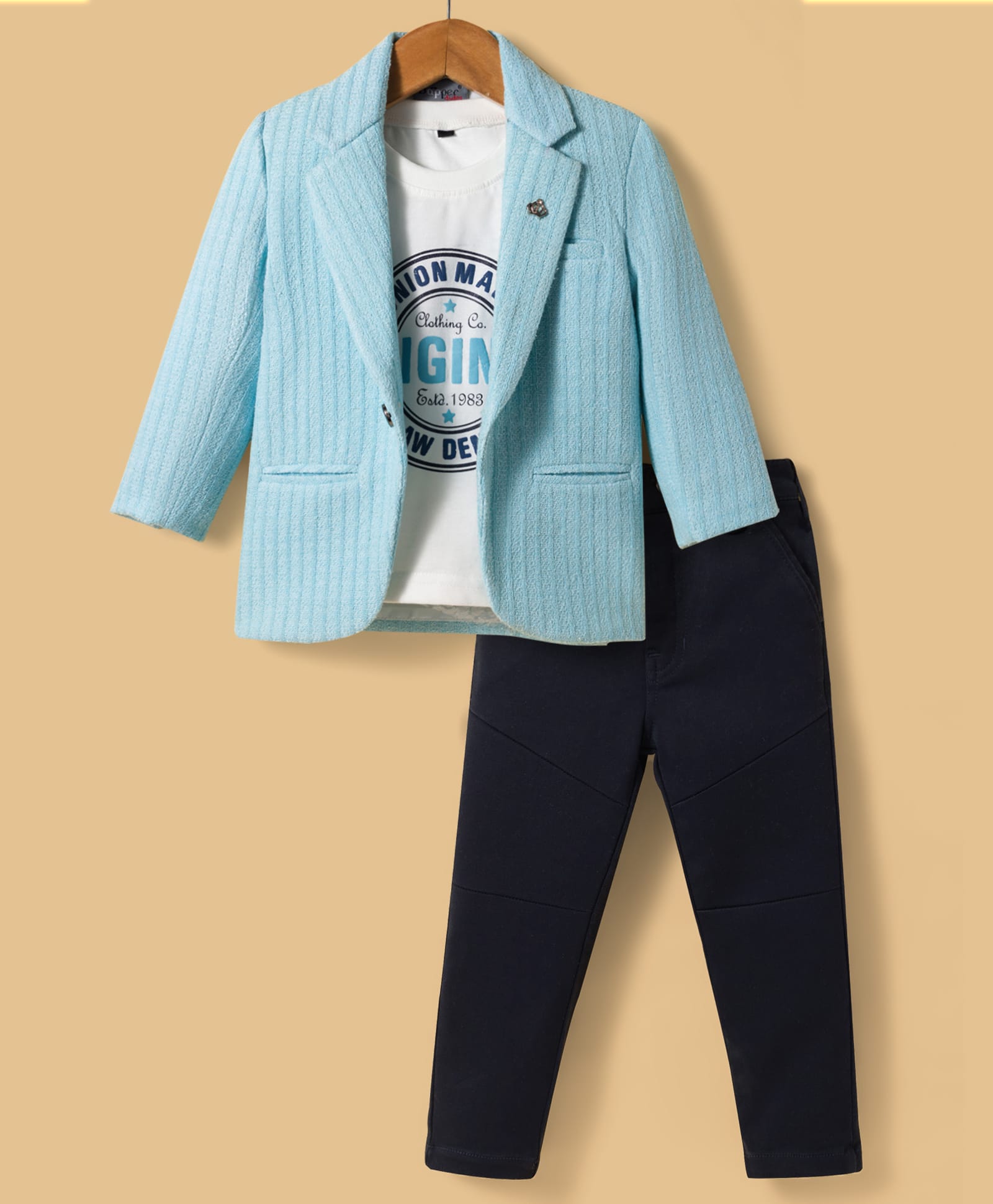 Dapper Dudes Woven Full Sleeves Striped Blazer With Typographic Tee & Trouser Set - Light Blue-picture-35