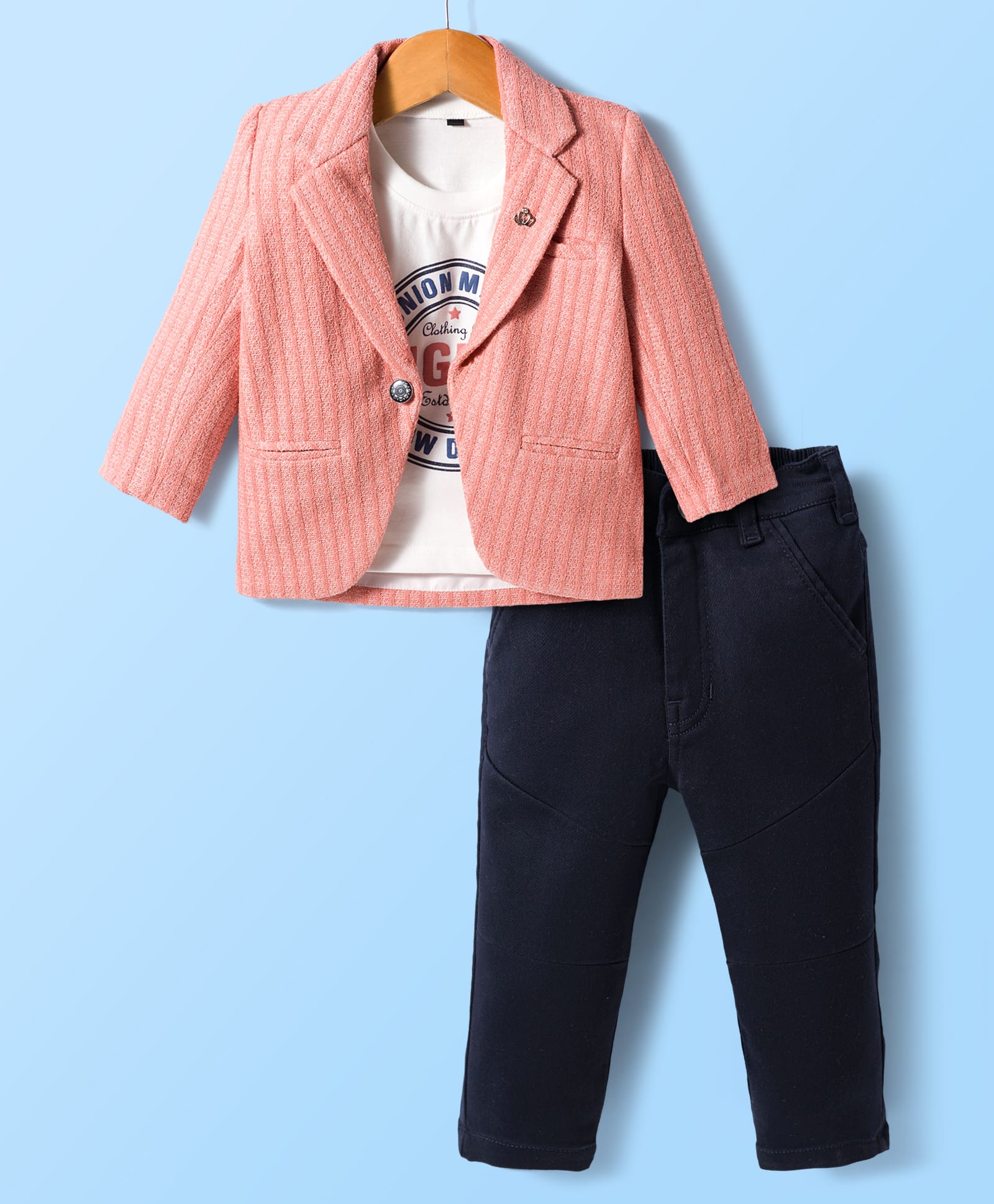 Dapper Dudes Woven Full Sleeves Striped Blazer With Typographic Tee & Trouser Set - Peach-picture-31