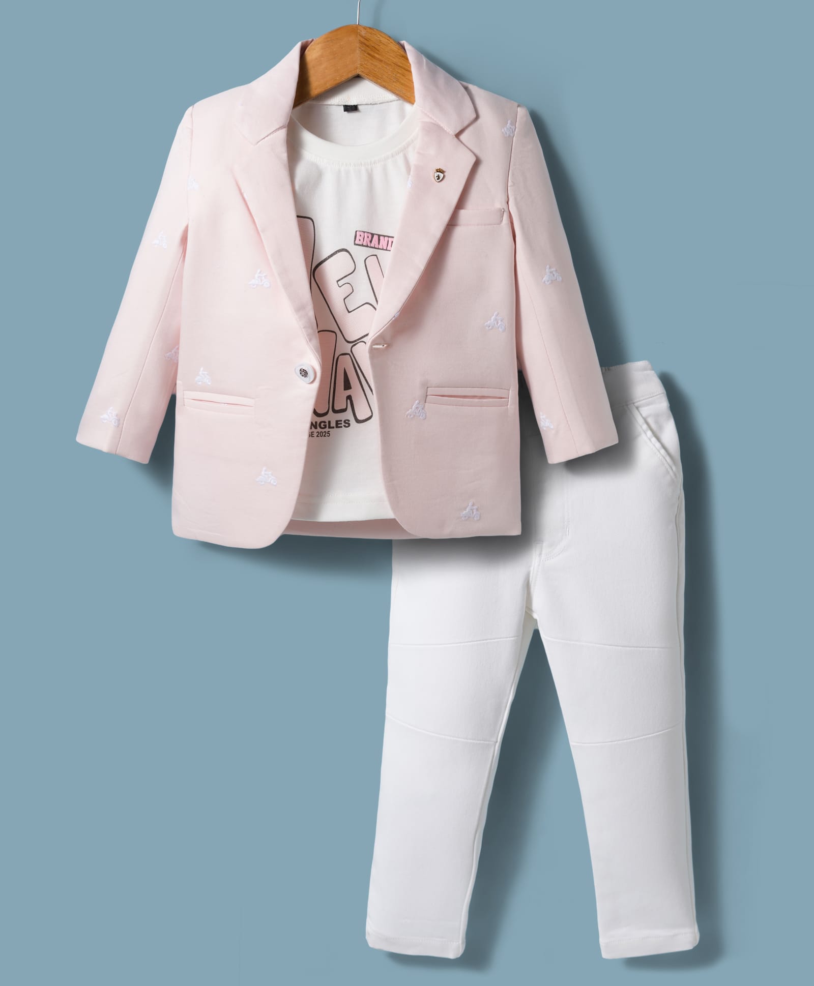 Dapper Dudes Woven Full Sleeves Men On Motorcycle Embroidered Blazer With Typographic Tee & Pant Set - Pink-picture-23