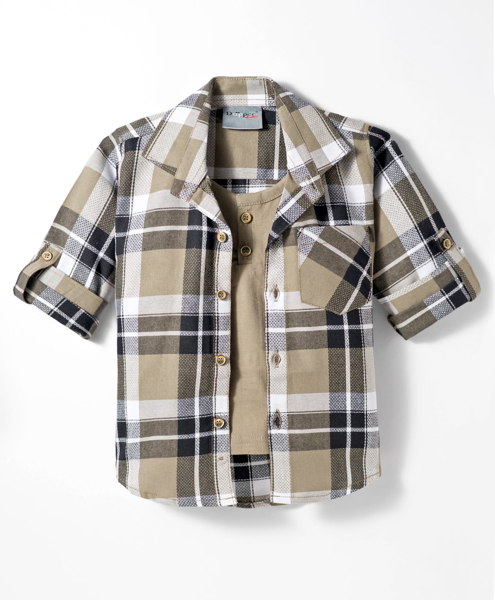 Dapper Dudes Cotton Woven Full Sleeves Checked Shirt With Attached Tee - Beige-image-2