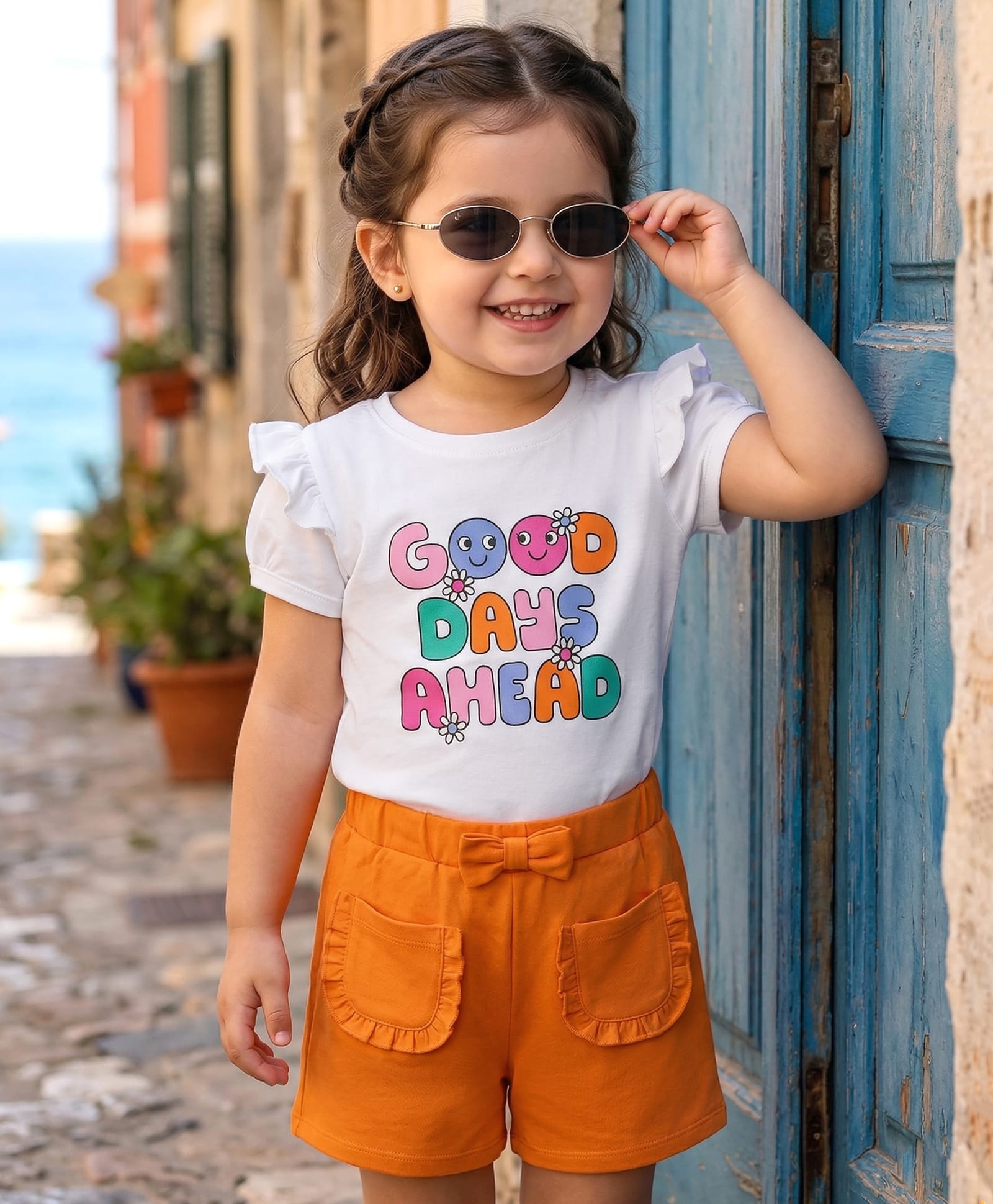 Babyhug Single Jersey Knit Half Puffed Sleeves Good Days Ahead Text Printed Top & Shorts Set - White & Orange-image-15