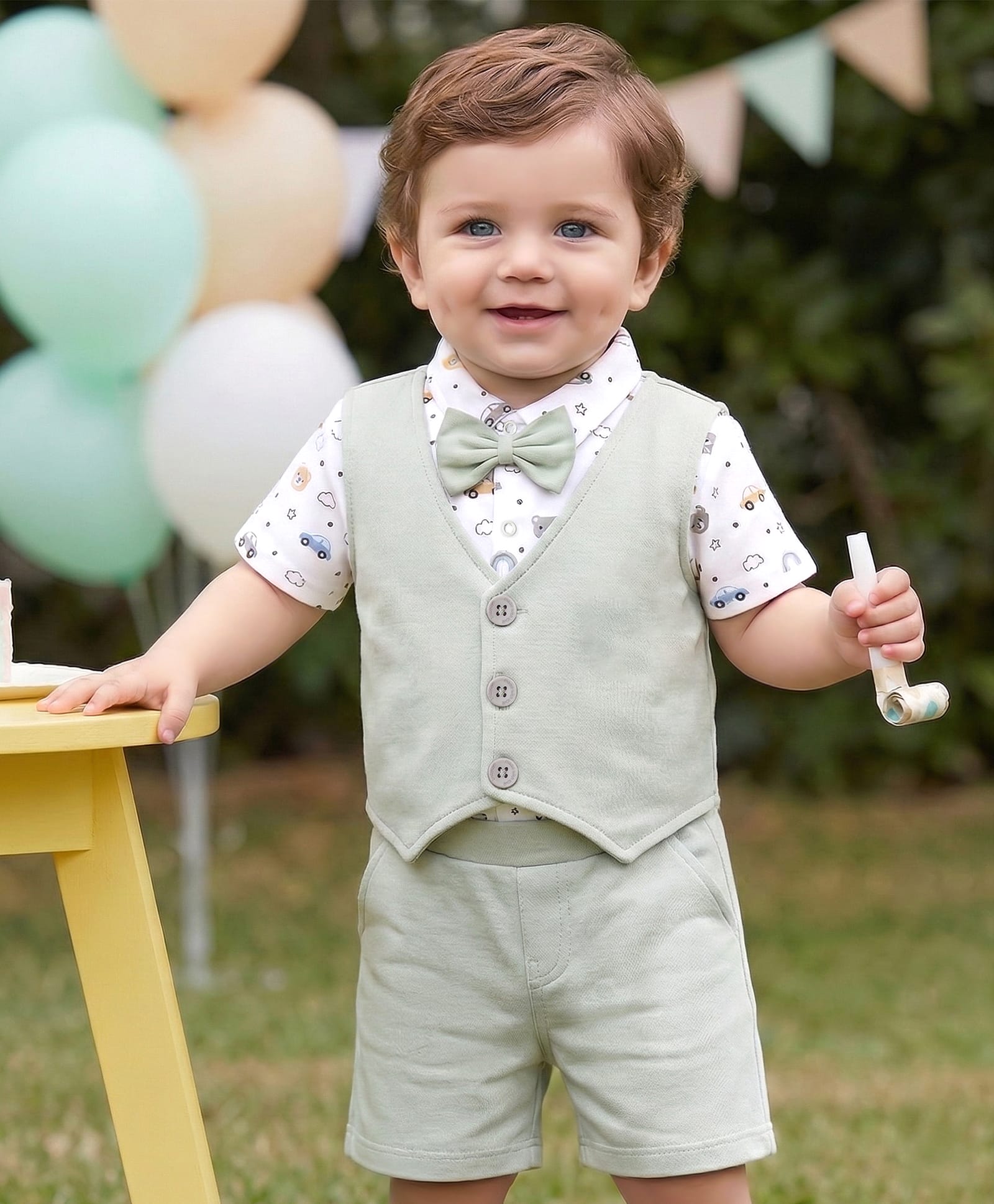 Babyoye Interlock Knit Half Sleeves T-Shirt With Attached Waistcoat & Shorts Teddy Print - Grey & White-picture-25