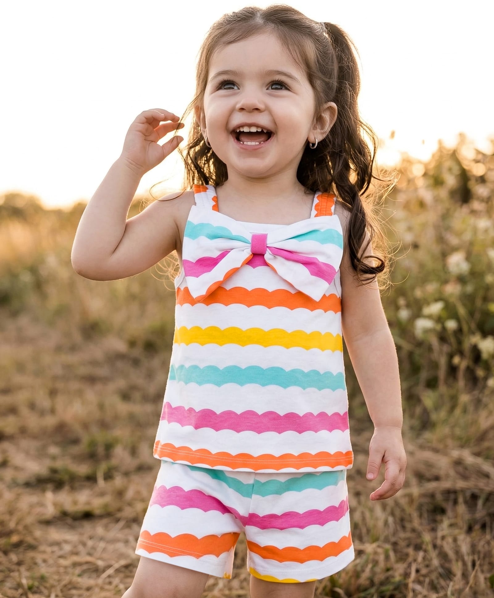 Babyhug Cotton Knit Sleeveless Co-Ords Printed Top & Shorts Set With Bow Applique - Multicolour-image-46