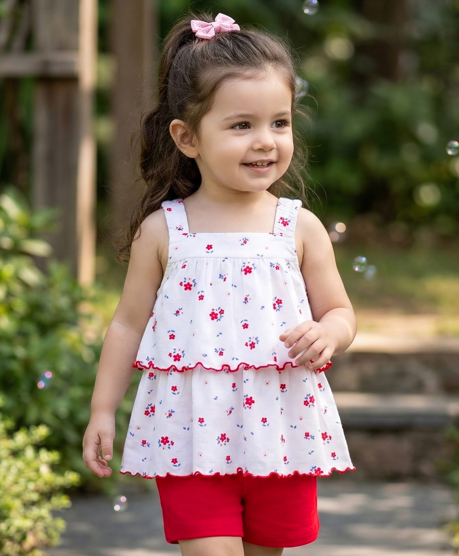 Babyhug Single Jersey Knit Sleeveless Floral Printed Top & Shorts Set - Red & White-image-43