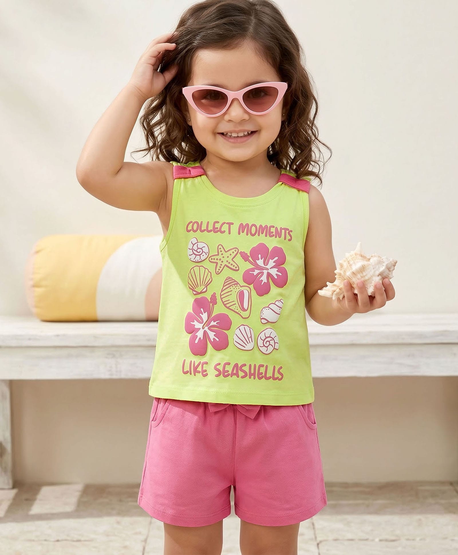 Babyhug Single Jersey Knit Sleeveless Top & Shorts Set with Seashell Print - Lime Green & Pink-image-34