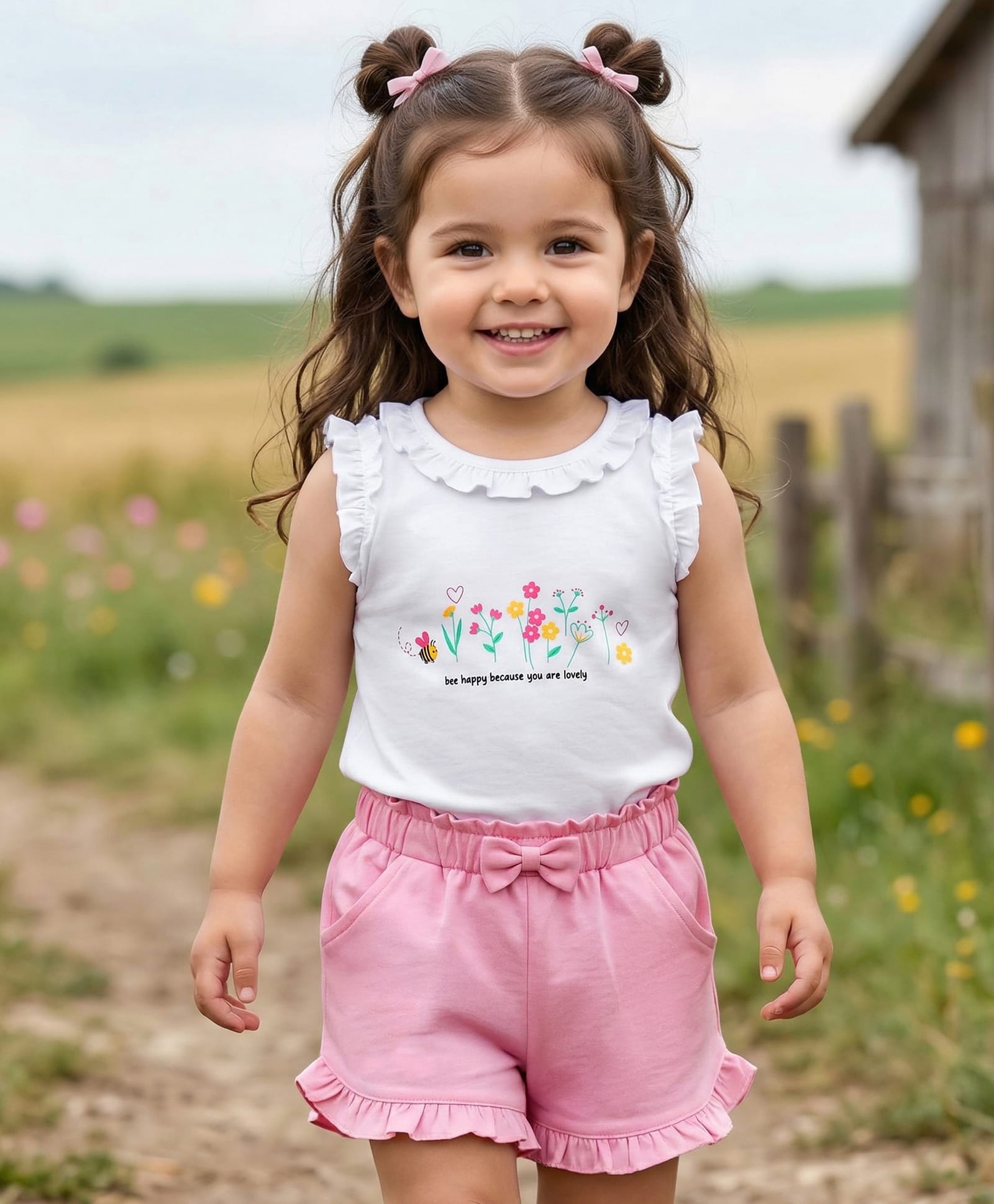 Babyhug Single Jersey Knit Sleeveless Floral Printed Top & Shorts Set with Bow Applique - Pink & White-image-47