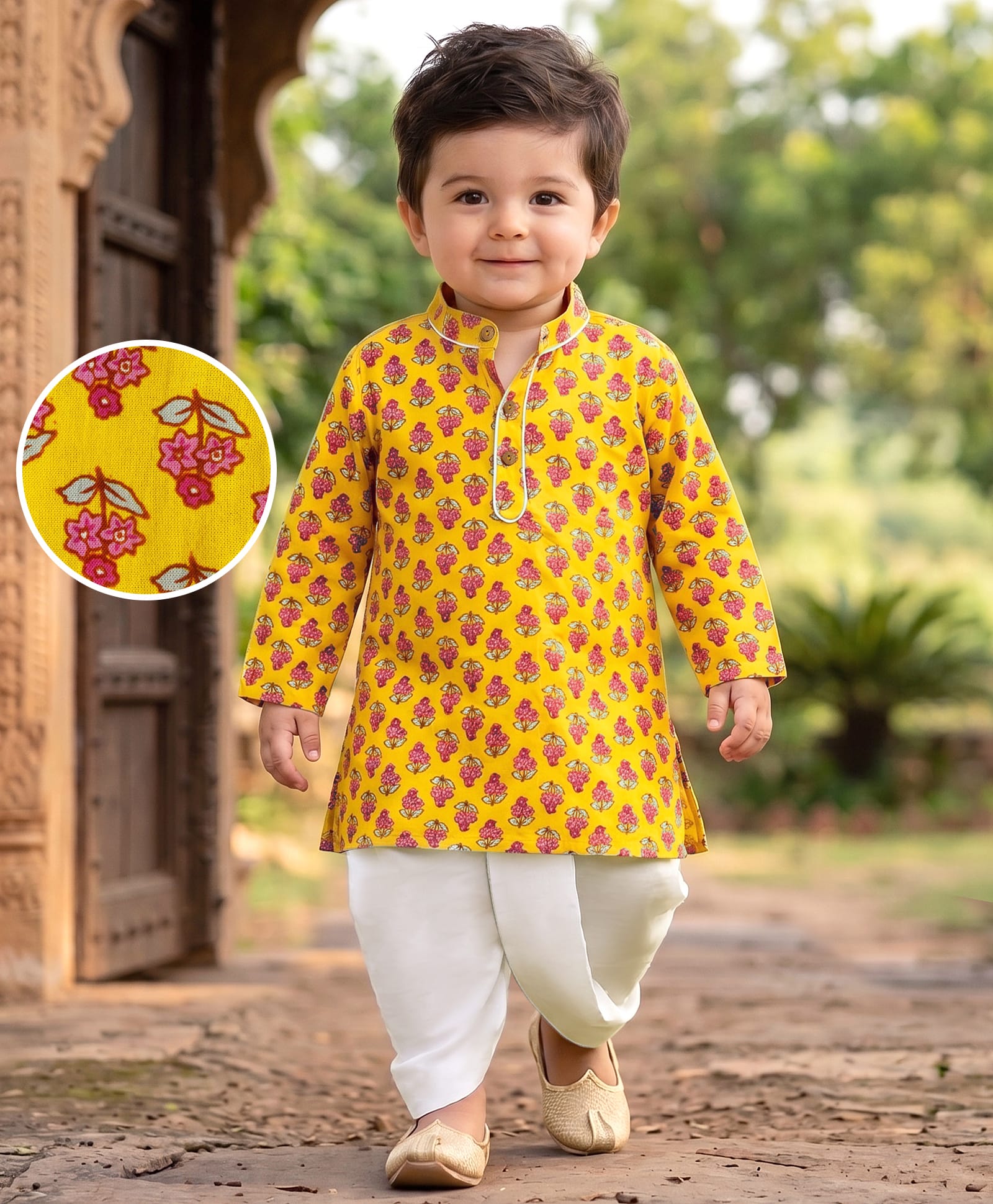 EARTHY TOUCH Cotton Woven Full Sleeves Kurta Dhoti Set with Floral Print - Yellow-picture-13