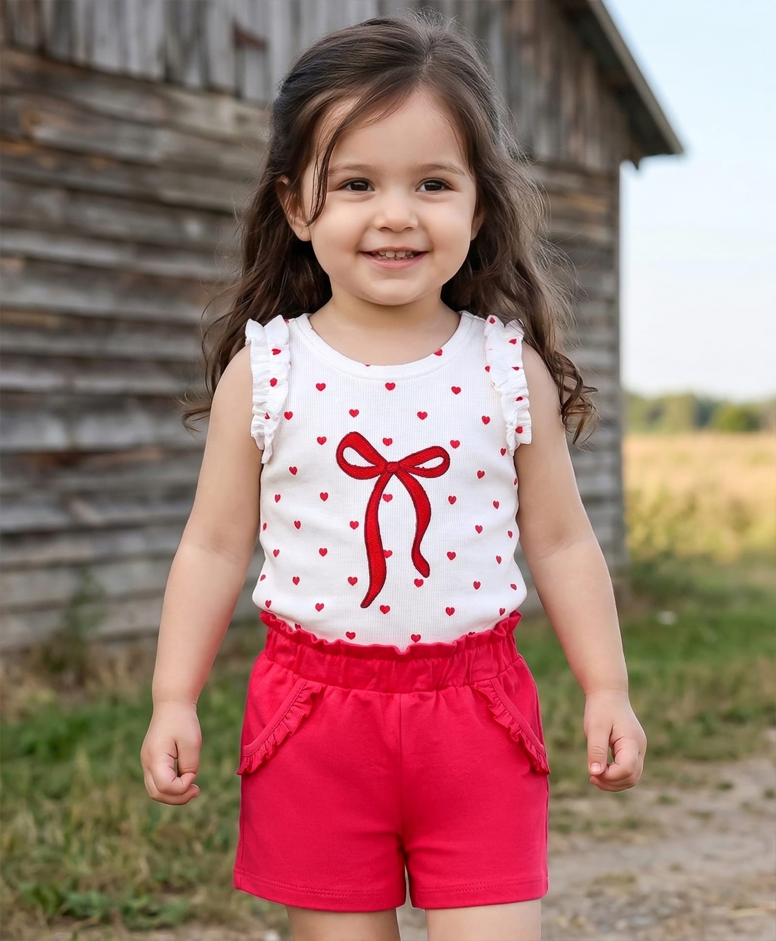Babyhug Cotton Knit Sleeveless Hearts Printed & Bow Embroidered Top & Shorts Set - White & Red-image-32