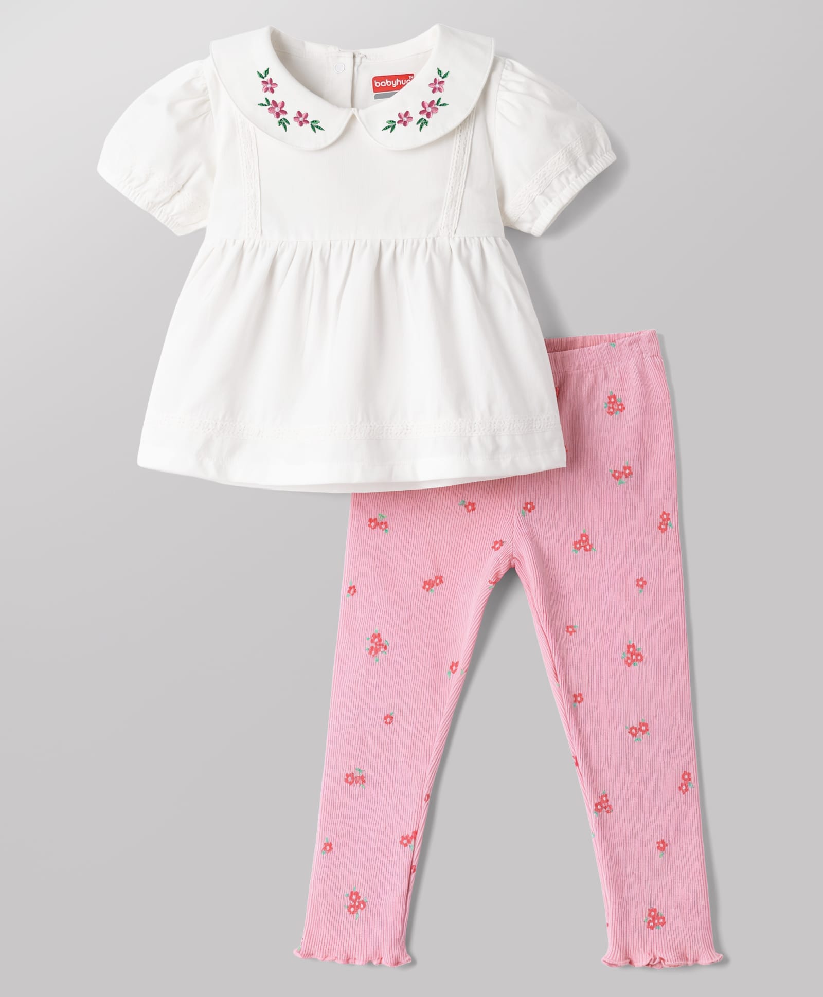 Babyhug Single Jersey Knit Half Sleeves Top & Leggings Set with Floral Print & Embroidery - White & Pink-image-43