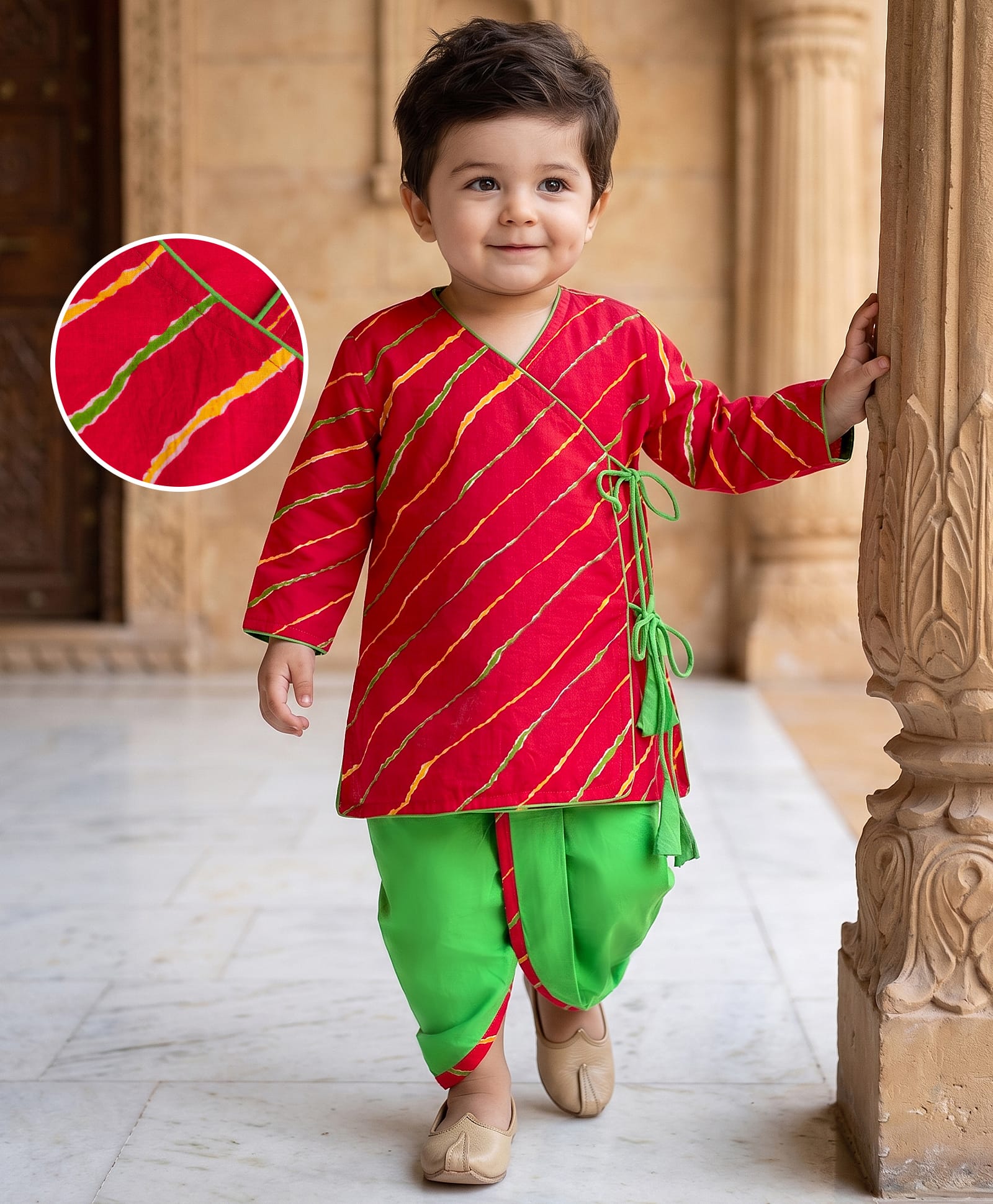 EARTHY TOUCH Cotton Woven Full Sleeves Striped Dhoti Kurta Set - Green & Red-picture-19