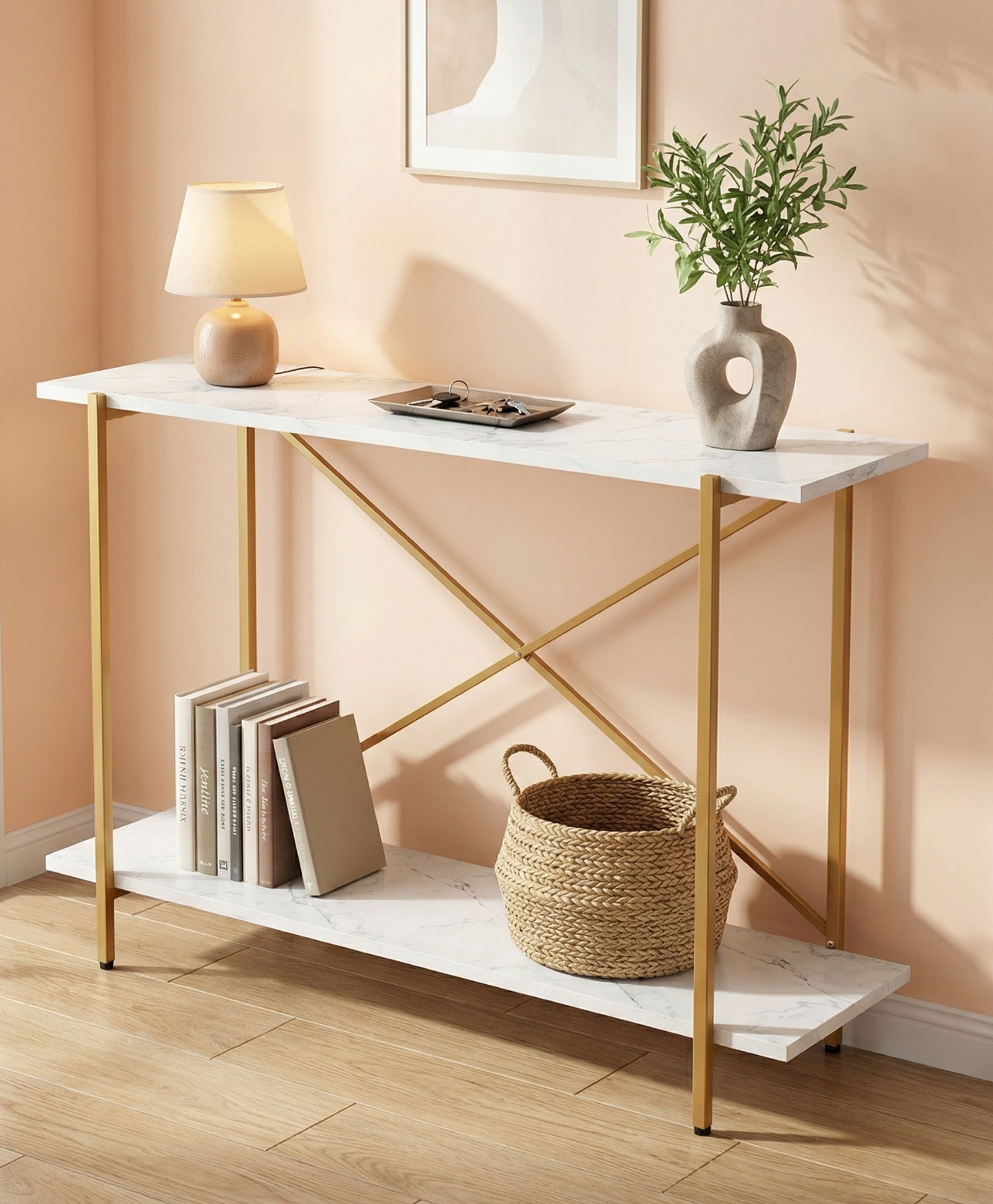 Ecofynd Elix 47 Inch Metal with Engineered Wooden top Console Table, Long Narrow Hallway, Entryway, Living Room, Dining Room, Office, Home Side Table Storage Shelves, 47"X 9"X 28" White & Gold-image-7