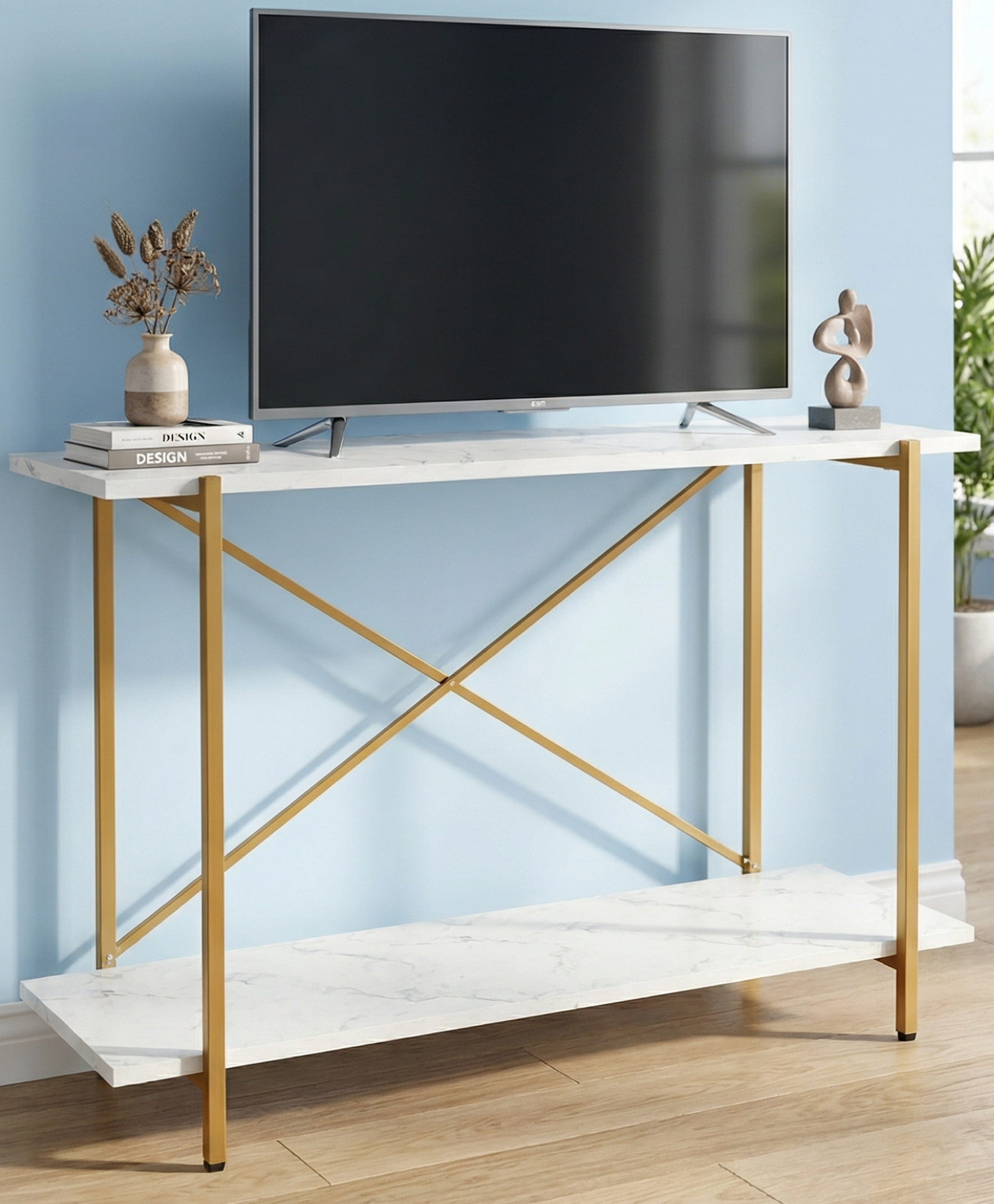 Ecofynd Elix 47 Inch Long TV Stand, Metal with Engineered Wooden top Entertainment Unit with Storage Shelf, TV Cabinet, Media Console Table for Living Room, Bedroom, 47"X 9"X 28" White & Gold-image-27