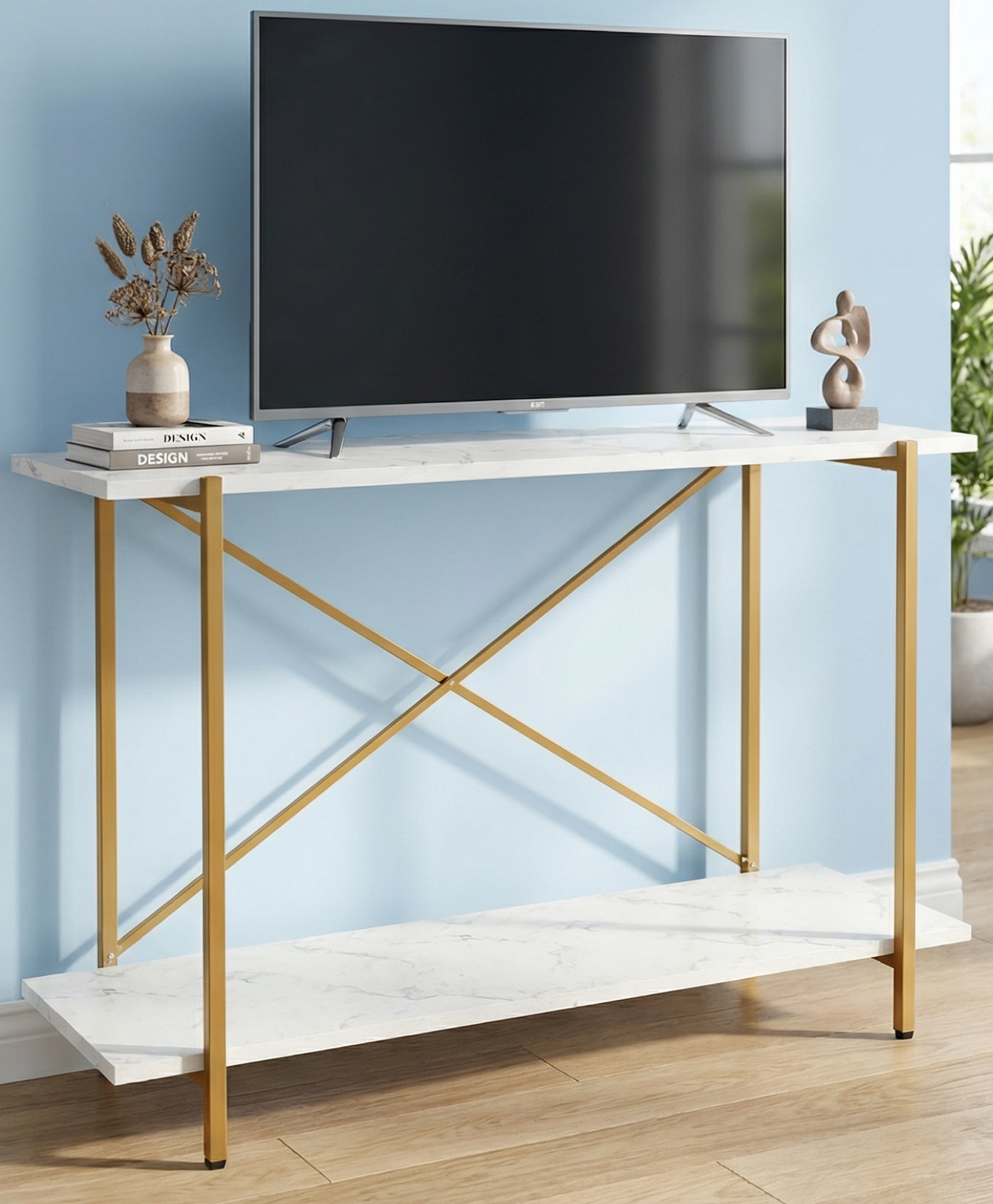 Ecofynd Elix Plant Stands for Outdoor Balcony, Flower Pot Stand for Indoor Plants, Long Metal Planter Stand for Living Room, home decor, Indoor & Outdoor plants, 2 Tier (47"X9"X28", White & Gold)-image-11