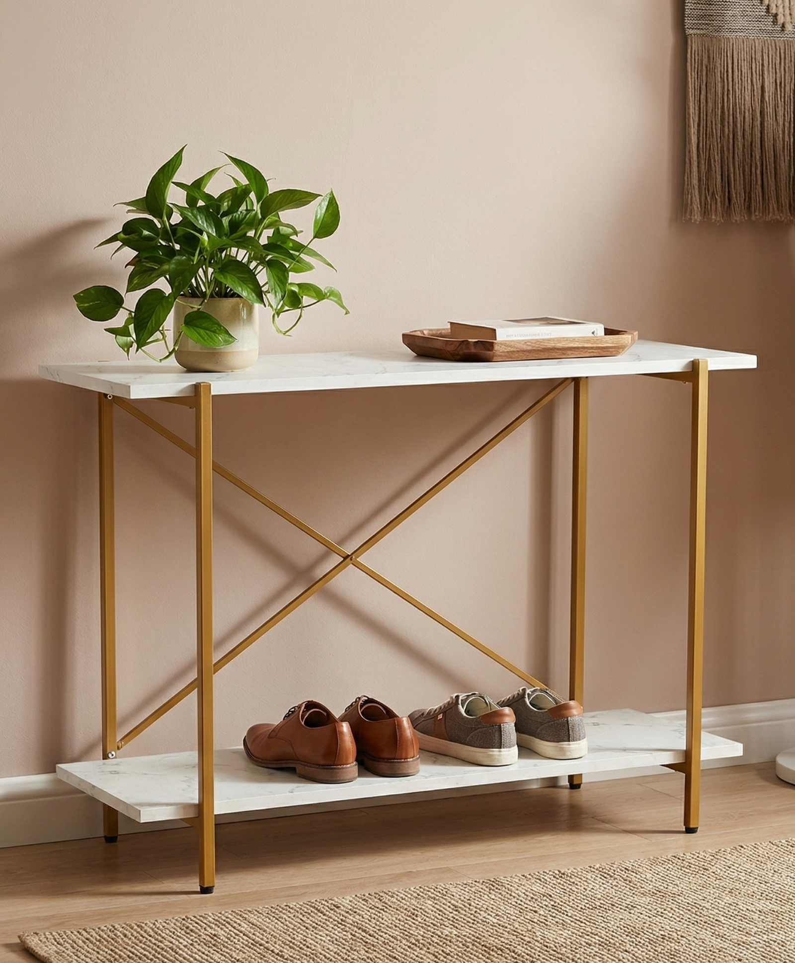 Ecofynd Elix 2-Tier Metal Storage Bench & Shoe Rack for Entryway | Heavy-Duty Footwear Organizer (Up to 70 kg) with Non-Slip Feet & X-Cross Back, 47×9×28 in, White & Gold-image-2