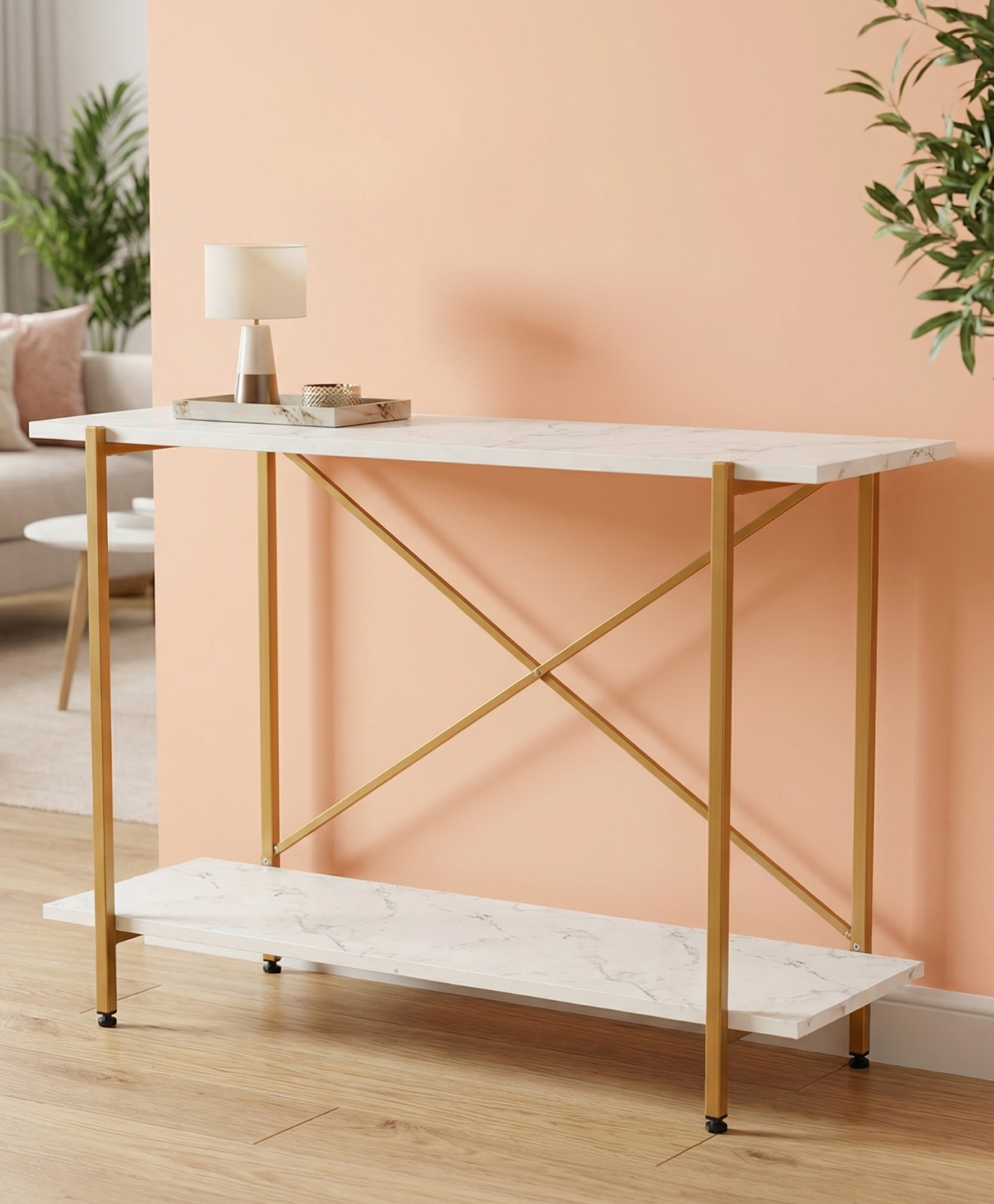 Ecofynd Jr Elix 35 Inch Metal with Engineered Wooden top Console Table, Long Narrow Hallway, Entryway, Living Room, Dining Room, Office, Home Side Table Storage Shelves, 35"X 9"X 28" White & Gold-image-7