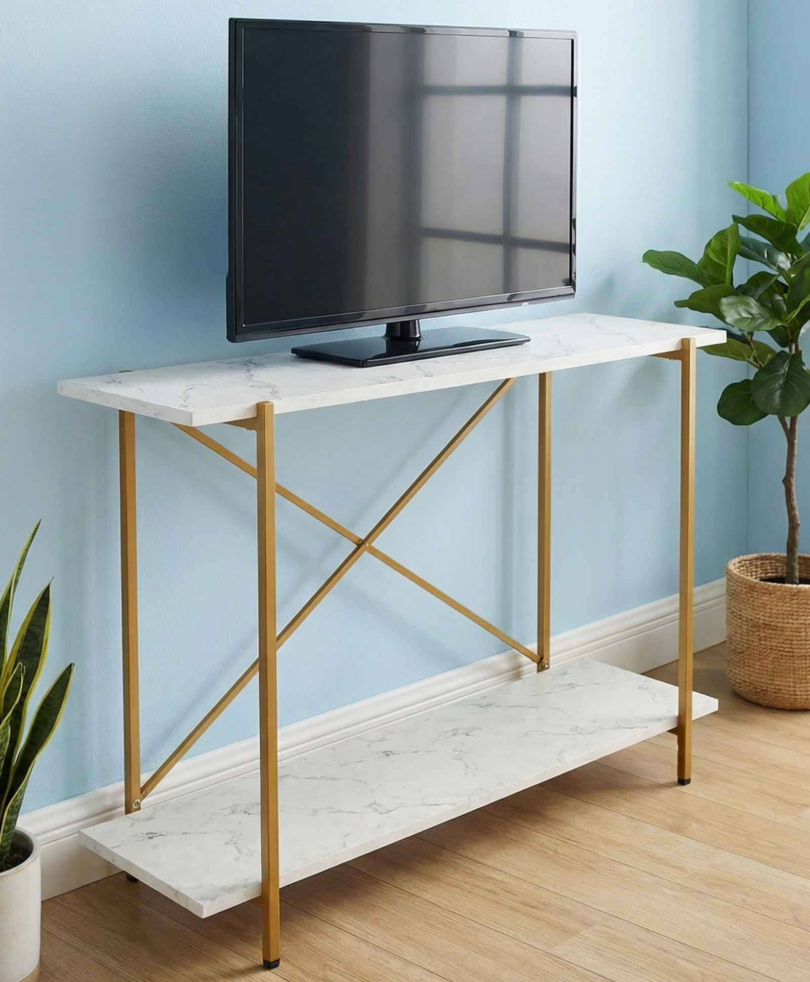 Ecofynd Jr Elix 35 Inch Long TV Stand, Metal with Engineered Wooden top Entertainment Unit with Storage Shelf, TV Cabinet, Media Console Table for Living Room, Bedroom, 35"X 9"X 28" White & Gold-image-8