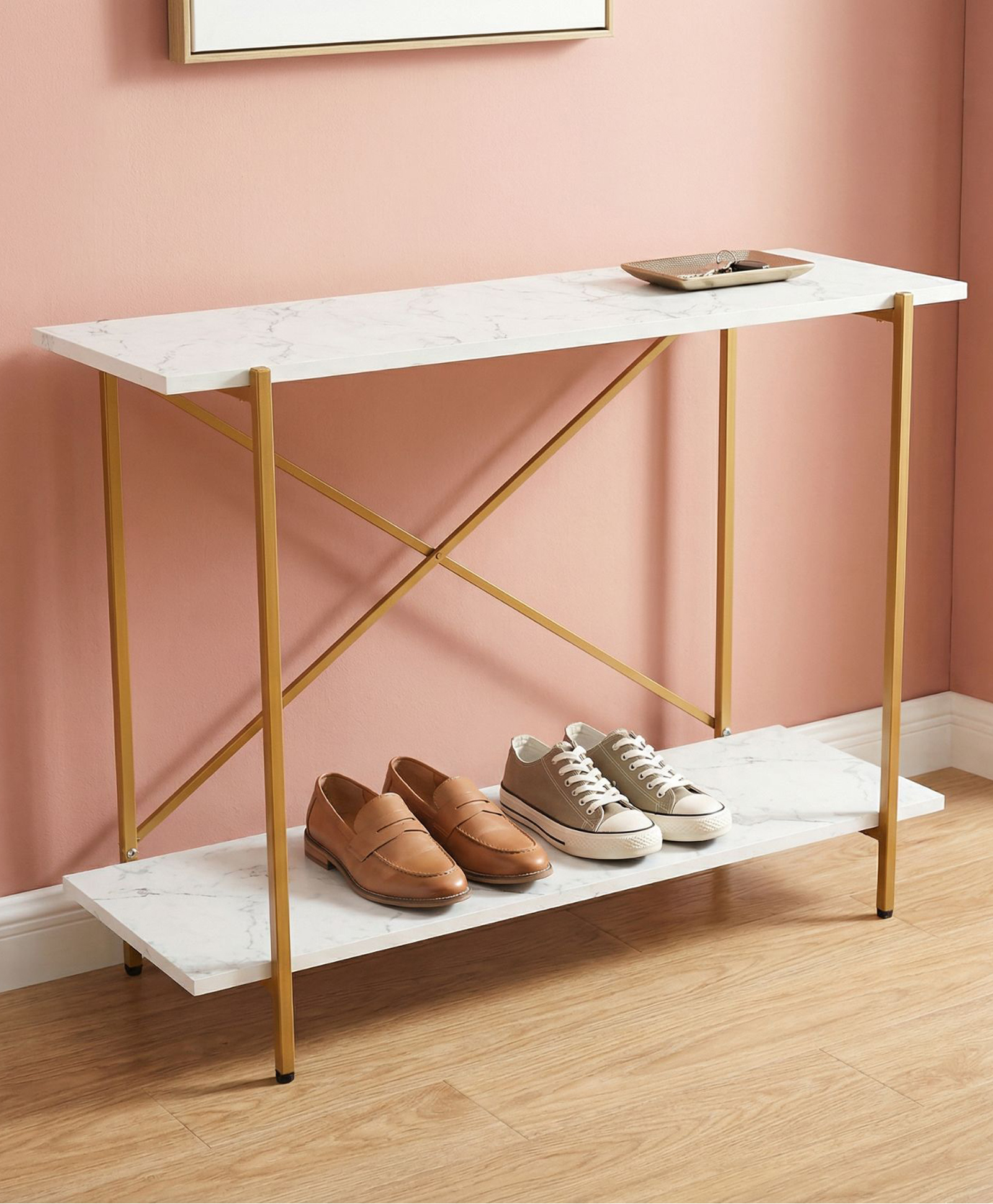 Ecofynd Jr Elix 2-Tier Metal Storage Bench for Entryway, Stable Shoe Organizer Living Room, Entry Footwear Rack Holds Up to 70 Kg, Strong, Non-Slip Feet, X-Cross Brace at Back-image-1