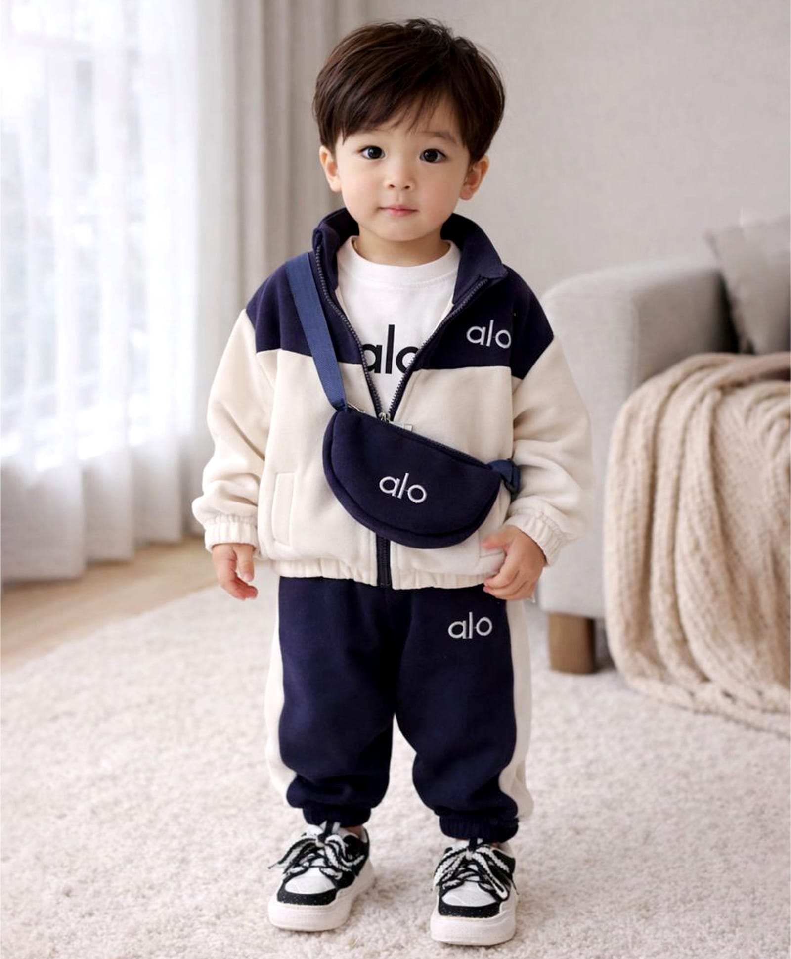 Little Surprise Box Blended Woven Full Sleeves Colour Blocked Alo Text Printed Winter Jacket With Tee Joggers & Sling Bag Set - Cream-picture-21