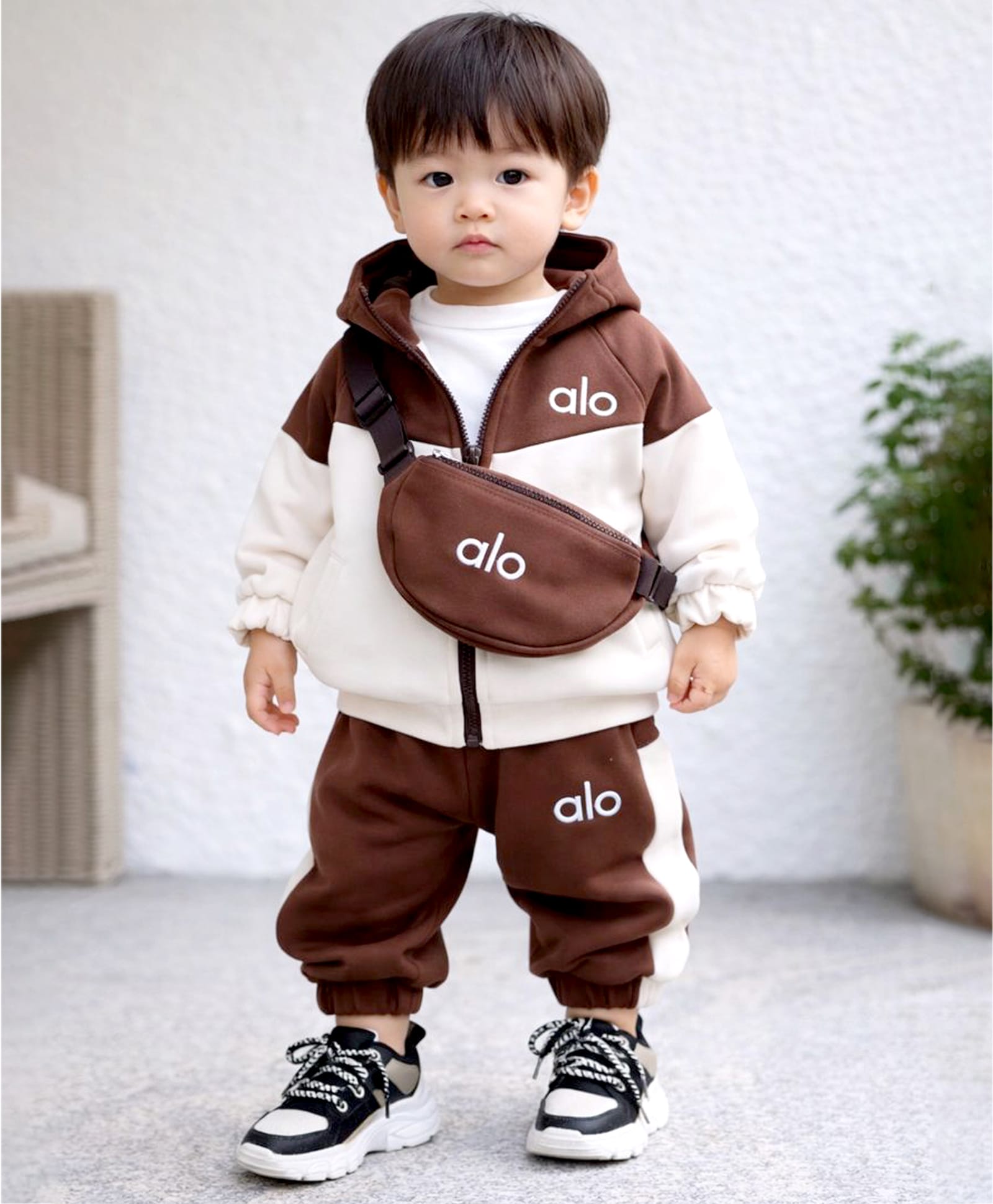 Little Surprise Box Blended Woven Full Sleeves Colour Blocked Alo Text Printed Winter Jacket With Tee Joggers & Sling Bag Set - Brown-picture-14