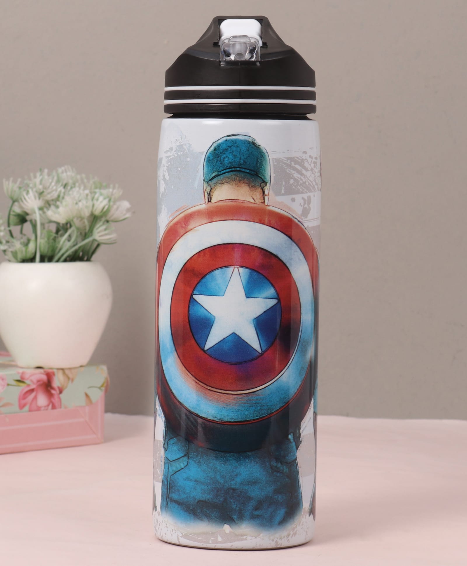 Avengers Non Insulated Steel Sipper Water Bottle With Captain America Print Blue & Black - 700 ml-picture-38