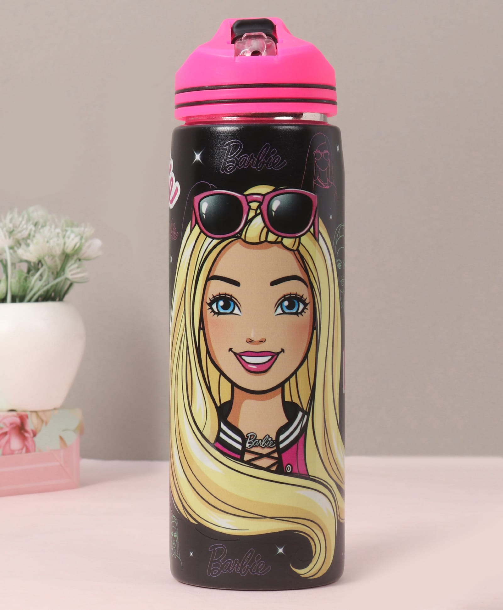 Barbie Non Insulated Steel Sipper Water Bottle Black & Pink - 700 ml-picture-37