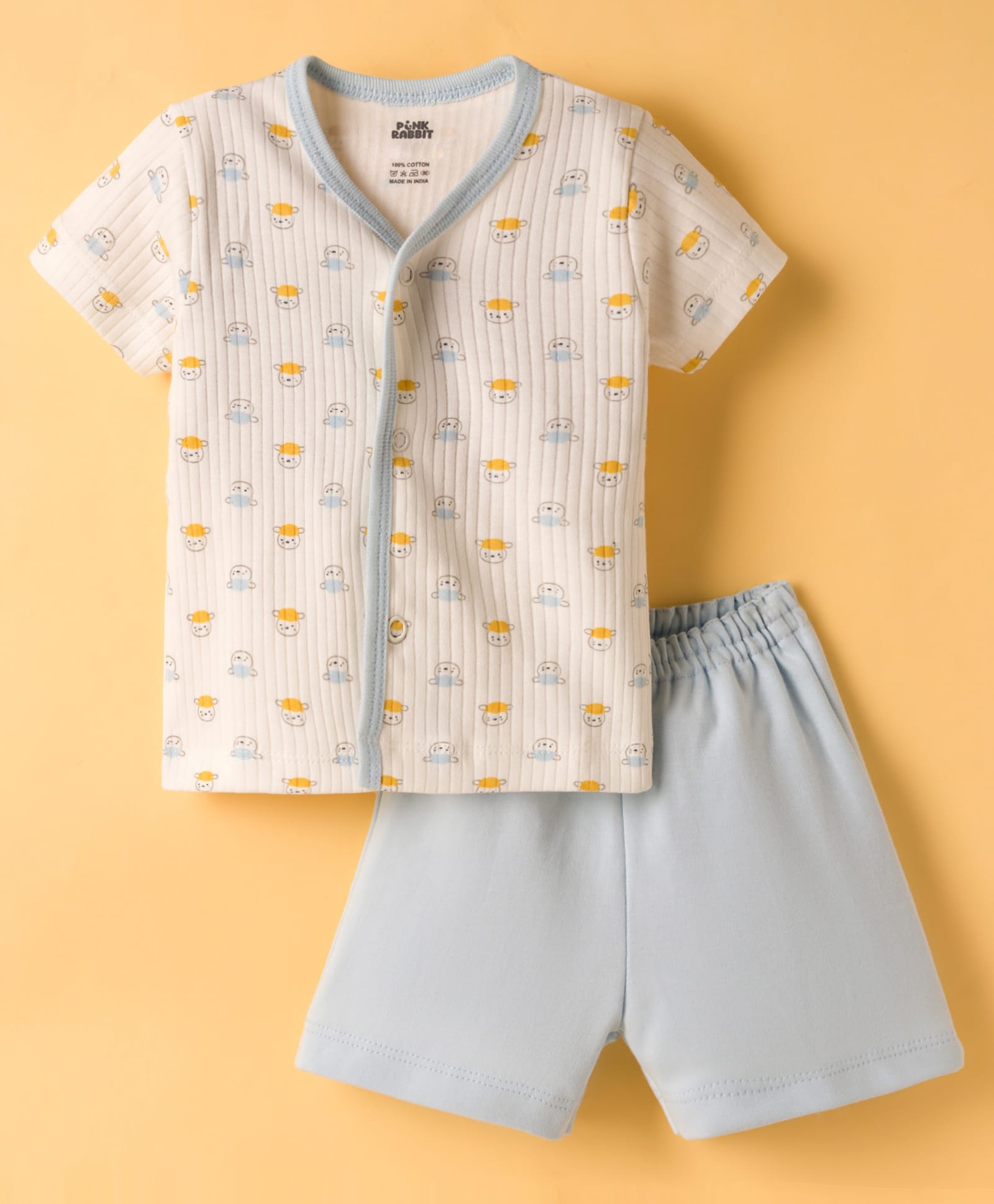 Pink Rabbit Single Jersey Knit Half Sleeves T-Shirt & Shorts Night Suit With Animal Print - Blue-image-27