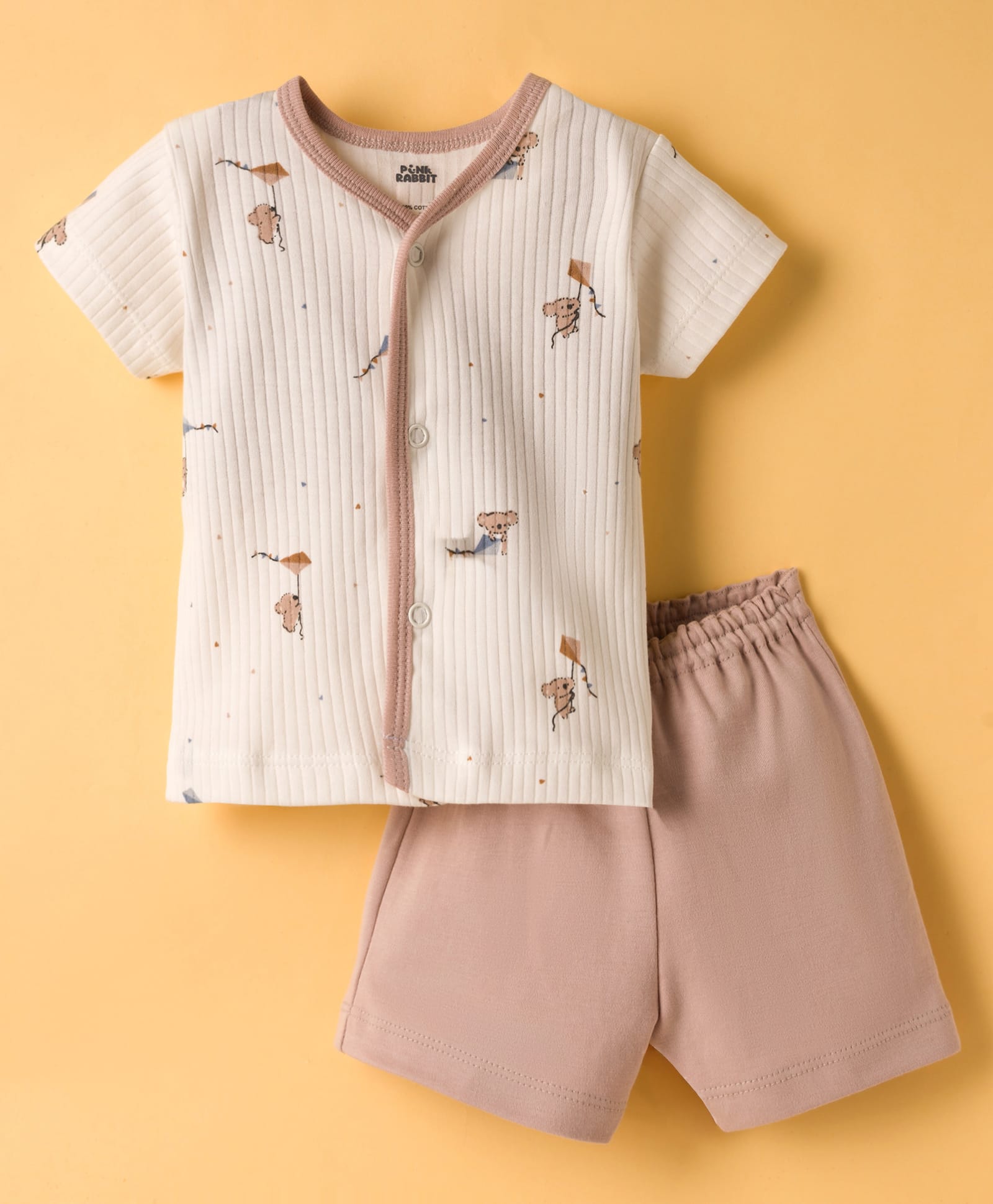 Pink Rabbit Single Jersey Knit Half Sleeves Animal Printed T-Shirt & Shorts Night Suit - Beige-image-16