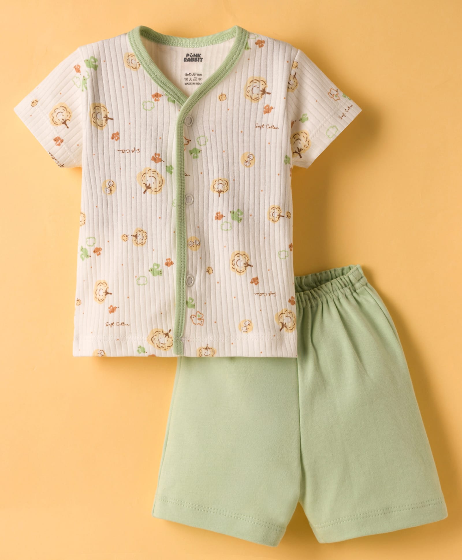 Pink Rabbit Single Jersey Knit Half Sleeves T-Shirt & Shorts Night Suit With Floral Print - Green-image-34