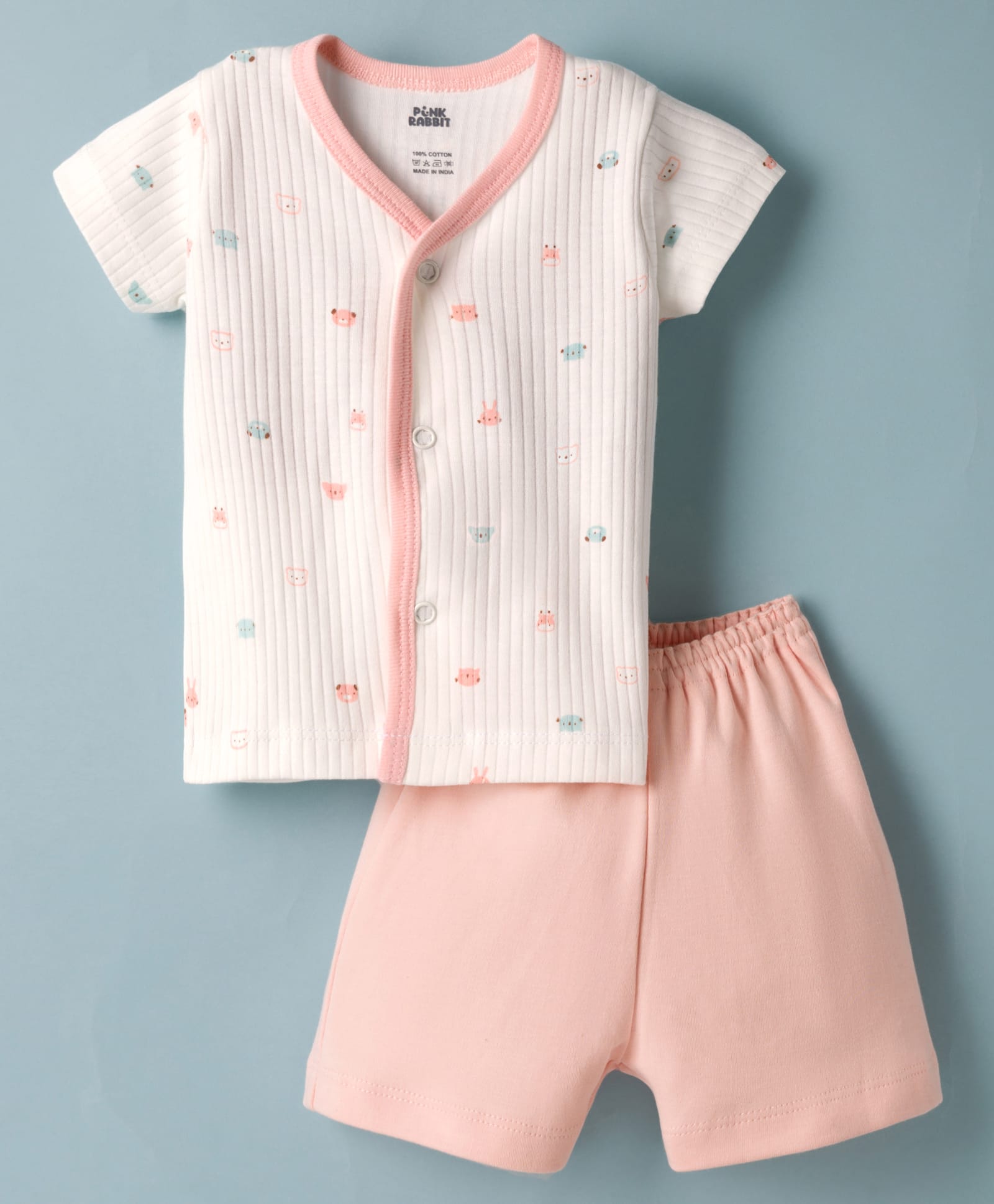 Pink Rabbit Single Jersey Knit Half Sleeves Animal Printed T-Shirt & Shorts Night Suit - Peach-image-18