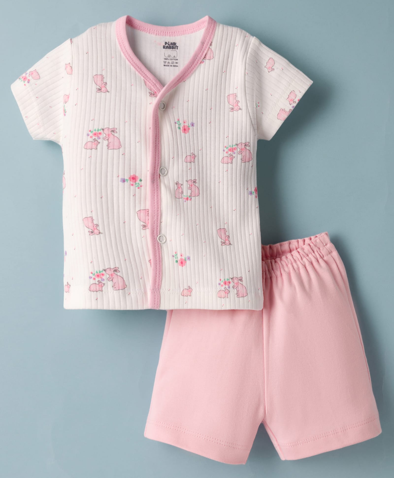 Pink Rabbit Single Jersey Knit Half Sleeves Bunny & Floral Printed T-Shirt & Shorts Night Suit - Pink-picture-25