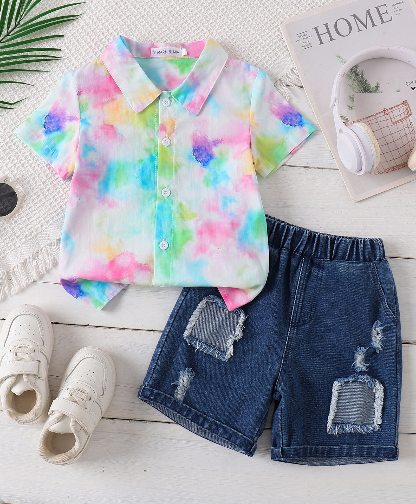 Mark & Mia Cotton Half Sleeves Shirt & Shorts Set With Tie & Dye Print - Multicolor-image-45