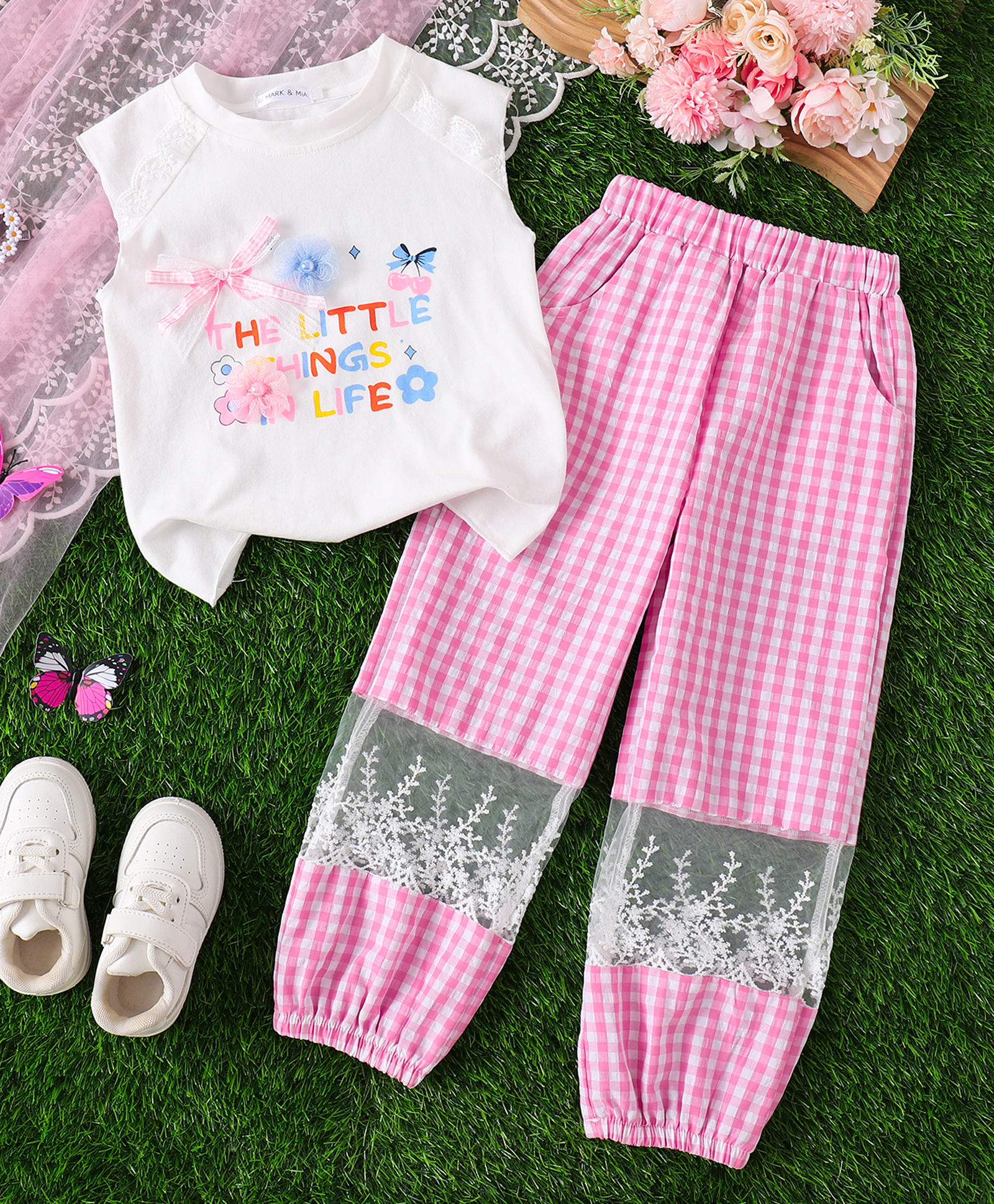 Mark & Mia Cotton Sleeveless Text Printed Top & Checkered Lounge Pant Set - Lavender-image-4